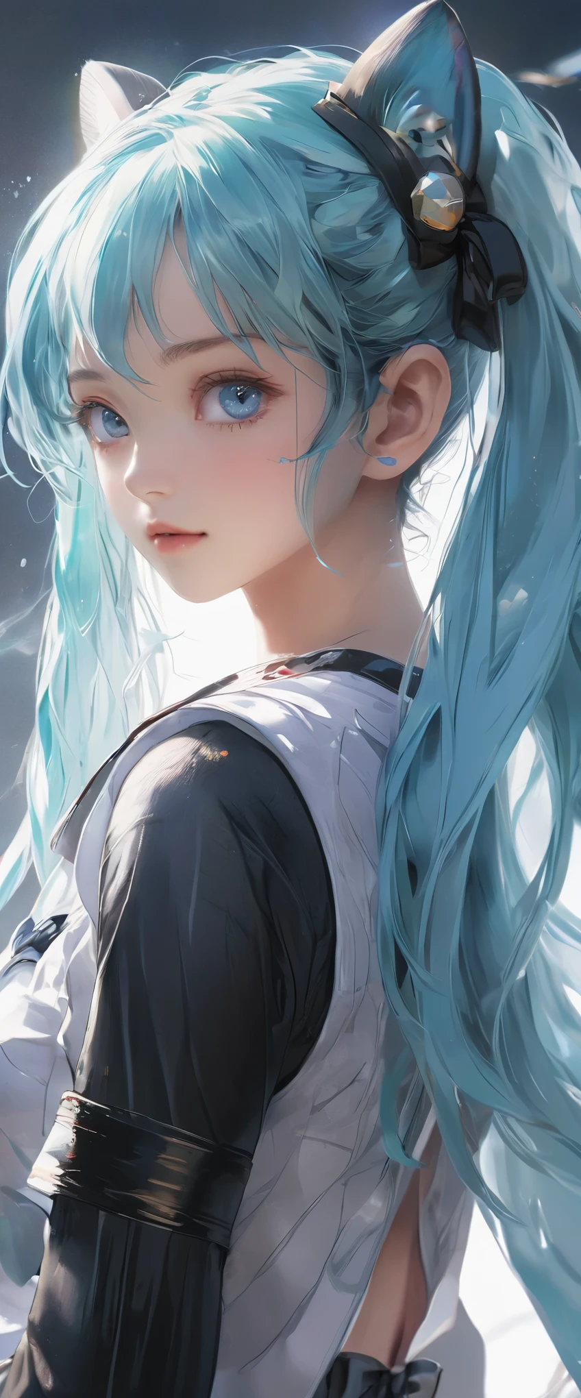 (Hatsune Miku)、Light blue twintails、(masterpiece,Best Quality,Ultra-high resolution),(((A very beautiful 30 year old woman))),(Black athletics uniform、The clothes fit perfectly)、Anime face、masterpiece, Best Quality, Best Quality, 16k, Very detailed, AI-generated, Delicate and dynamic, Very delicate facial expression, Delicate eye depiction,Big eyes、Slanted Eyes:1.8、 Healthy Body, Height: 160cm, Cute small breasts:0.5、blush, ((Beautiful thighs)), Athletics Stadium、night、Lots of spotlights、（（Anatomically correct body））、（Watch the viewers closely）、（Focus on the face）、Full body view、Sexy pose、Blue Eyes、One woman 、Soaking wet、Lots of sweat、Nipples erect、Genital wrinkles、Sparkling pupils、