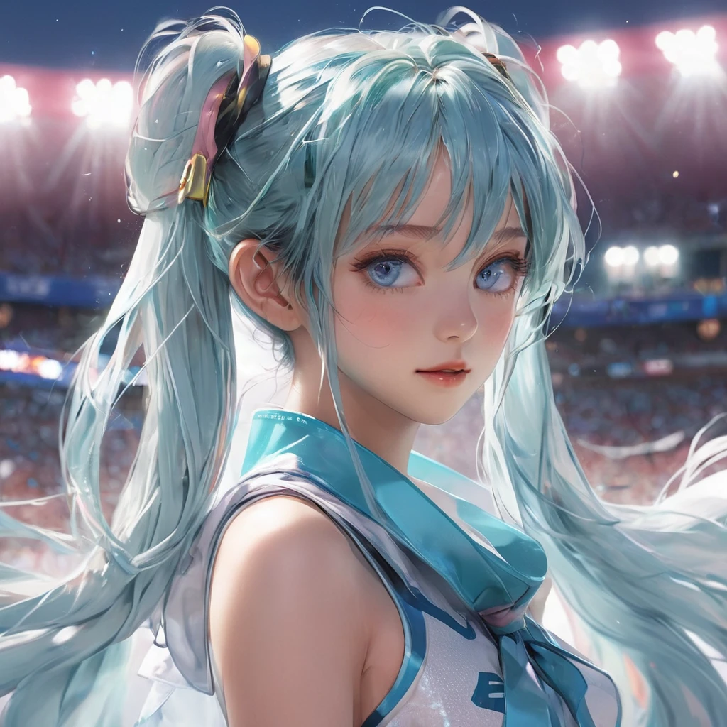 (Hatsune Miku)、Light blue twintails、(masterpiece,Best Quality,Ultra-high resolution),(((A very beautiful 30 year old woman))),(Track and field uniforms)、Anime face、masterpiece, Best Quality, Best Quality, 16k, Very detailed, AI-generated, Delicate and dynamic, Very delicate facial expression, Delicate eye depiction,Big eyes、Slanted Eyes:1.8、 Healthy Body, Height: 160cm, Cute small breasts:0.5、blush, ((Beautiful thighs)), Athletics Stadium、night、Lots of spotlights、（（Anatomically correct body））、（Watch the viewers closely）、（Focus on the face）、Full body view、Sexy pose、Blue Eyes、One woman 、Soaking wet、Lots of sweat、Nipples erect、Genital wrinkles、Sparkling pupils、