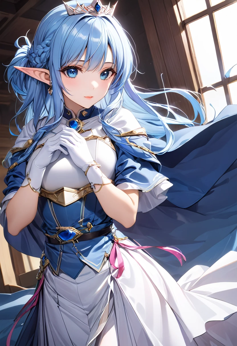 ((masterpiece)), Best Quality, Very detailed,(One Girl), Yuuki as a costume, blue eyes, Blue Hair, Long Hair, bangs, Braiding, Elf., dress, (((Light blue cloak:1.2))), gloves, jewelry, Clevis, Princess,elbow gloves,Tiara,brooch,white gloves、Adult female、thin、so beautiful、Beautiful Face、Long skirt、(((Blue and white armor, Shiny Armor:1.2)))、Has a bow、Gold earrings、blue eyes, Blue Hair, Pink Lips、Yuuki Asuna, Pointed Ears, Blue Hair, 白いLong skirt,