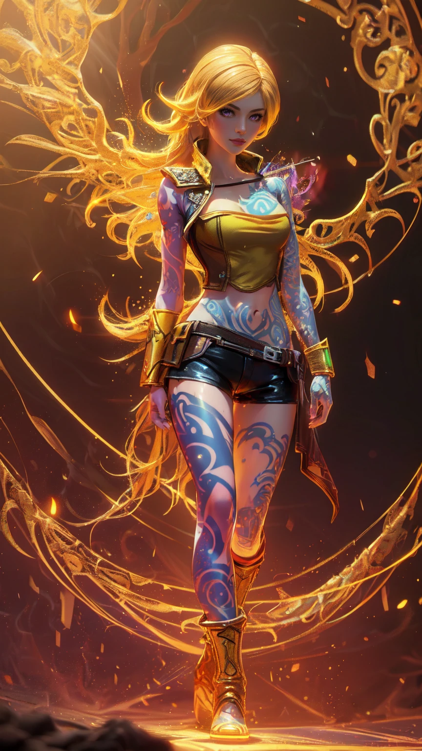 1girl, combining elements of Yang Xiao Long from "RWBY" and Lilith from "Borderlands", beautiful detailed eyes, beautiful detailed lips, extremely detailed face and portrait, long eyelashes, flowing golden hair, lilac/violet eyes, large bust, crop top, short shorts, wearing flat heeled boots, tattoos, (glowing blue markings), posing confidently, fantasy landscape, ancient ruins, sunlight, volumetric lighting, cinematic, award winning digital art, intricate details, highly detailed, hyper realistic, 8k, masterpiece, (wide angle), (full length portrait), lilithbl2, bhands, glow particle, wings, tattooed 