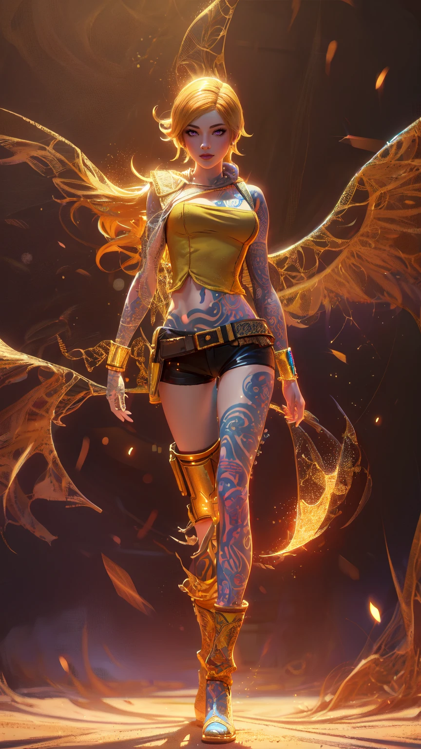 1girl, combining elements of Yang Xiao Long from "RWBY" and Lilith from "Borderlands", beautiful detailed eyes, beautiful detailed lips, extremely detailed face and portrait, long eyelashes, flowing golden hair, lilac/violet eyes, large bust, crop top, short shorts, wearing flat heeled boots, tattoos, (glowing blue markings), posing confidently, fantasy landscape, ancient ruins, sunlight, volumetric lighting, cinematic, award winning digital art, intricate details, highly detailed, hyper realistic, 8k, masterpiece, (wide angle), (full length portrait), lilithbl2, bhands, glow particle, wings, tattooed 