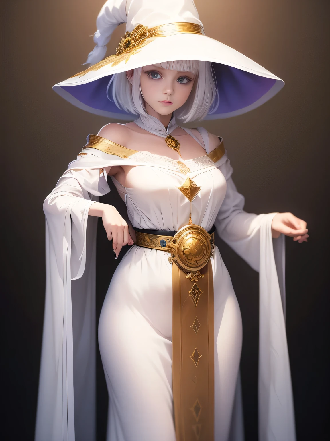 (masterpiece), (Artwork), (Great work), (Fine grain), (Delicate skin), (Different colored eyes), (Multicolor), (Short white hair with bangs), (Shining Eyes), (One girl) Wearing a witch hat, Ancient, old, Dressed in gorgeous medieval costume, masterpiece, Best Quality, Best Designer, Best illustrations