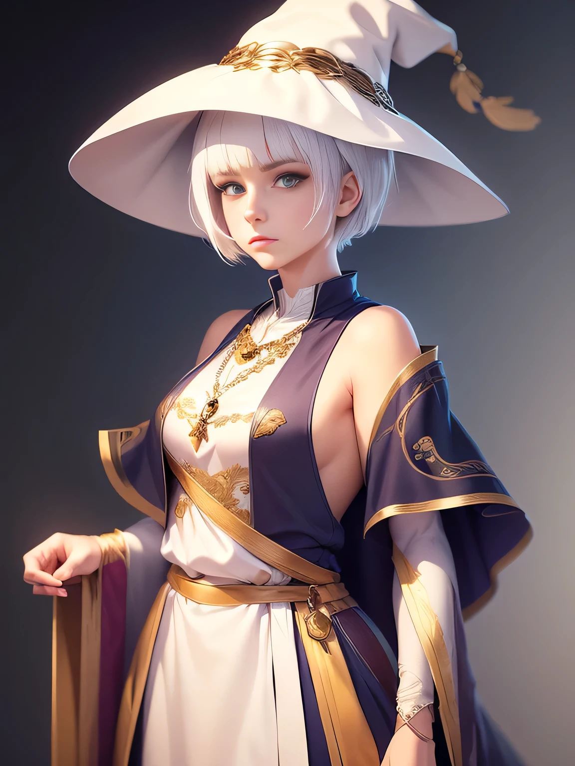 (masterpiece), (Artwork), (Great work), (Fine grain), (Delicate skin), (Different colored eyes), (Multicolor), (Short white hair with bangs), (Shining Eyes), (One girl) Wearing a witch hat, Ancient, old, Dressed in gorgeous medieval costume, masterpiece, Best Quality, Best Designer, Best illustrations