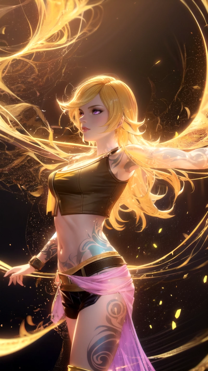 1girl, combining elements of Yang Xiao Long from "RWBY" and Lilith from "Borderlands", beautiful detailed eyes, beautiful detailed lips, extremely detailed face and portrait, long eyelashes, flowing golden hair, lilac/violet eyes, (large bust), crop top, short shorts, wearing flat heeled boots, tattoos, (glowing blue markings), posing confidently, fantasy landscape, ancient ruins, sunlight, volumetric lighting, cinematic, award winning digital art, intricate details, highly detailed, hyper realistic, 8k, masterpiece, (wide angle), (full length portrait), lilithbl2, bhands, glow particle, wings, tattooed 