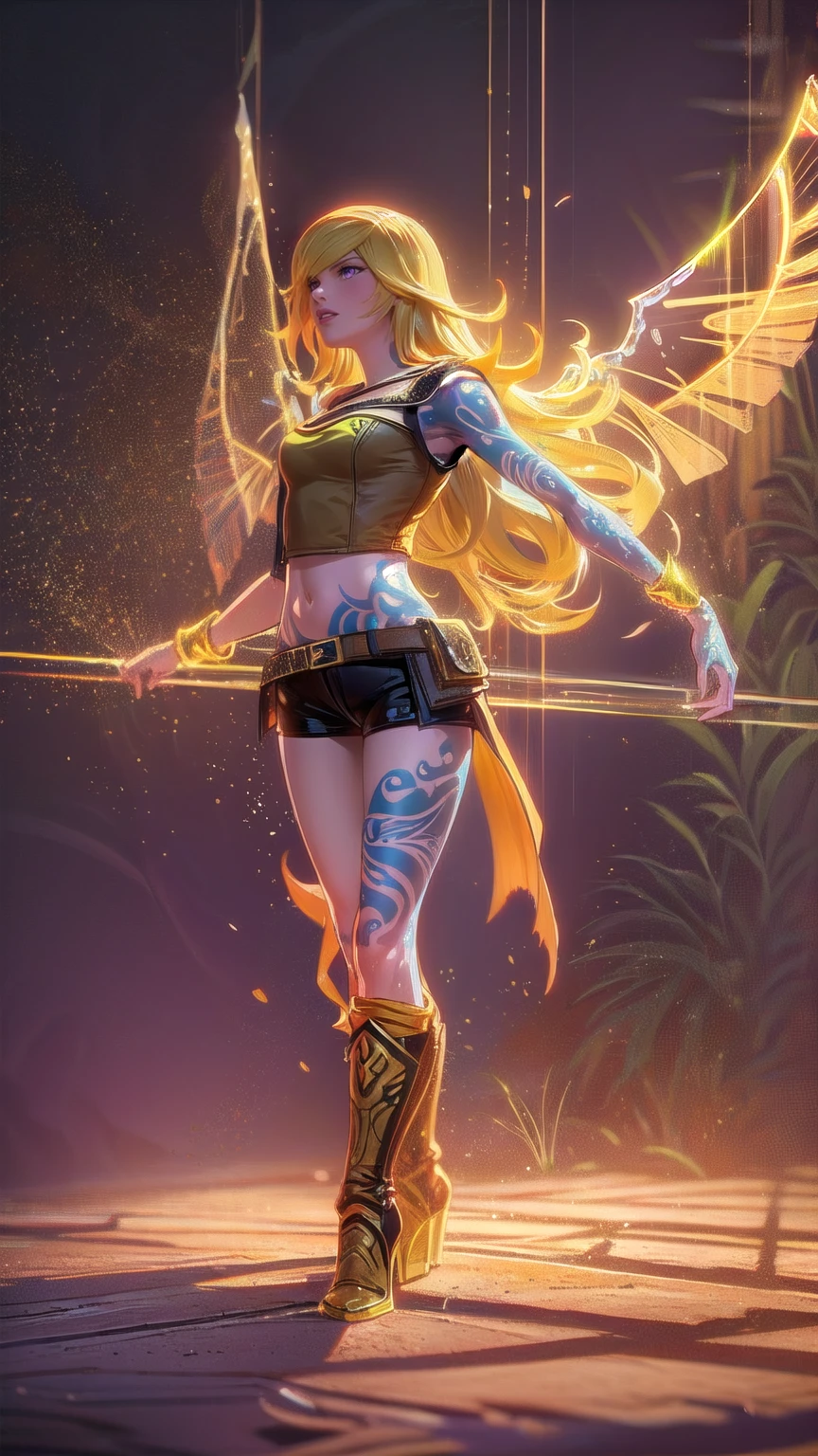 1girl, combining elements of Yang Xiao Long from "RWBY" and Lilith from "Borderlands", beautiful detailed eyes, beautiful detailed lips, extremely detailed face and portrait, long eyelashes, flowing golden hair, lilac/violet eyes, crop top, short shorts, wearing flat heeled boots, tattoos, (glowing blue markings), posing confidently, fantasy landscape, ancient ruins, sunlight, volumetric lighting, cinematic, award winning digital art, intricate details, highly detailed, hyper realistic, 8k, masterpiece, (wide angle), (full length portrait), lilithbl2, bhands, glow particle, wings, tattooed 