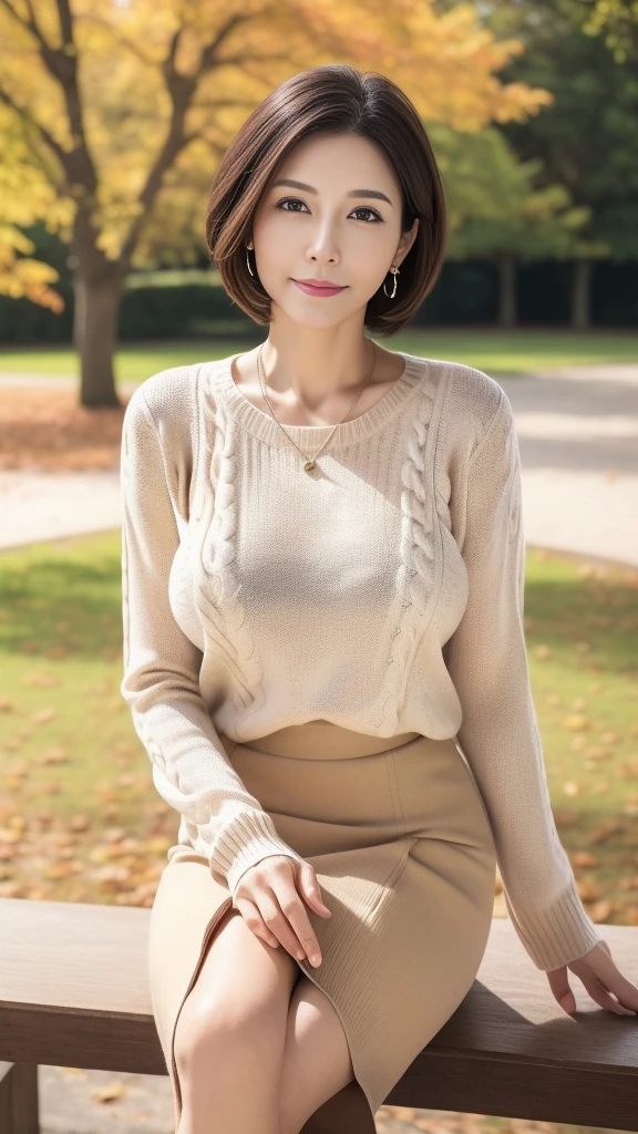 Tabletop,Best Quality, (Dear. :1), ,（Sitting on a bench in a park surrounded by beautiful autumn leaves:1.3)、Staring at me、Full body photo night，(White knit sweater and beige skirt:1.3)、(Beautiful Mature Woman:1.5)，、Long legs，Hyper detail on skin，（Small Face:1.3)，Panoramic View，（A little thick:1.3)、，(Big Breasts:1.2)，(Beautiful women over 45:1.5),  （Beautiful short bob hair style:1.5)、Perfect Face,,  (Detailed facial features),  (A clean and elegant face:1.5)、necklace、Earrings