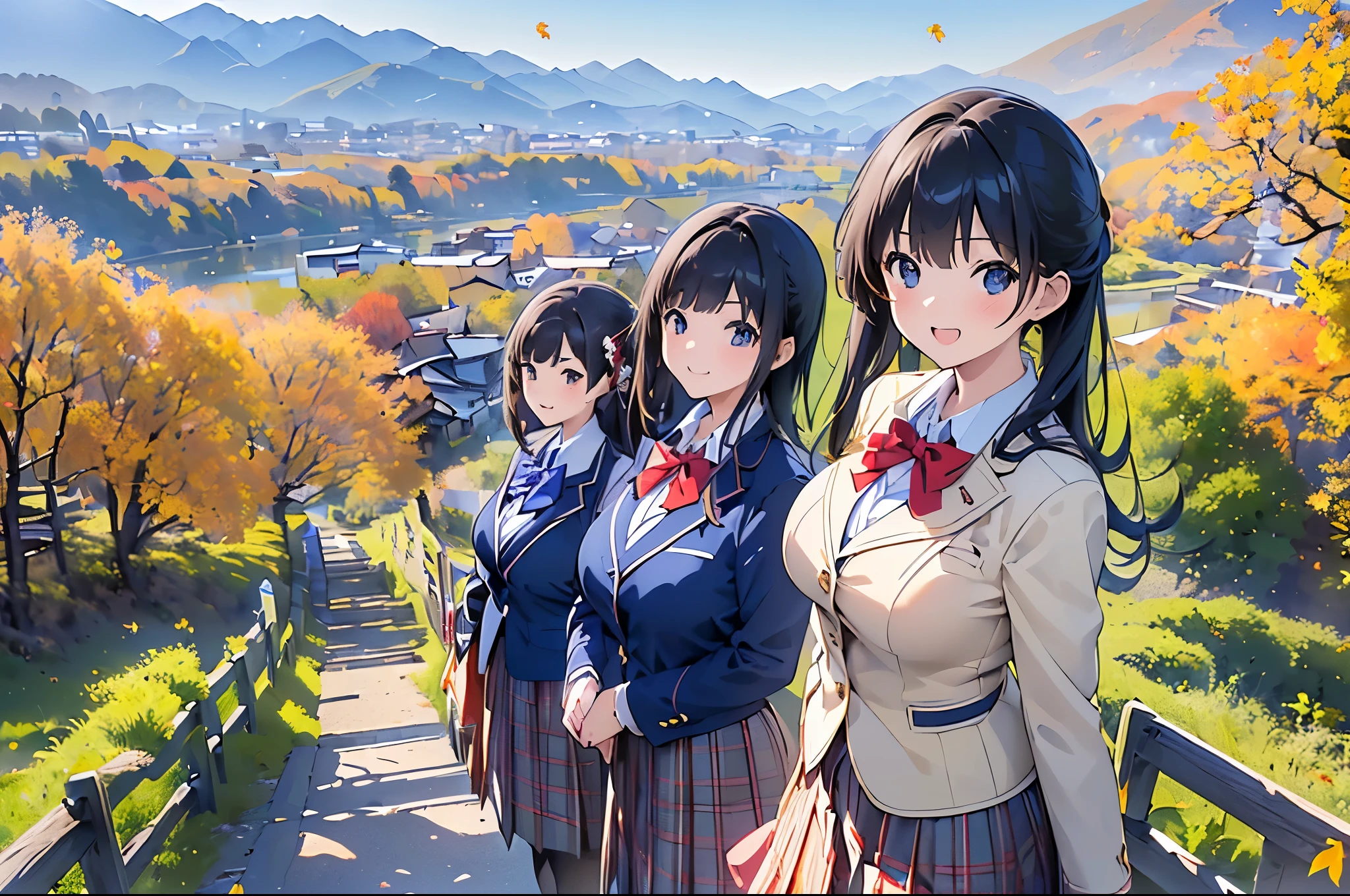 (((Masterpiece, 16k, Highest quality, Ultra-high resolution, Depth of subject))), ((Very detailed, Japanese countryside scenery, autumn leaves)), (((High school girl in blazer uniform, friend, 3 people, skirt, Big Breasts))), While chatting, Very cute smile, On the way home, 3pm, Peaceful scenery, Warm sunshine, Very accurate perspective, Super Wide View