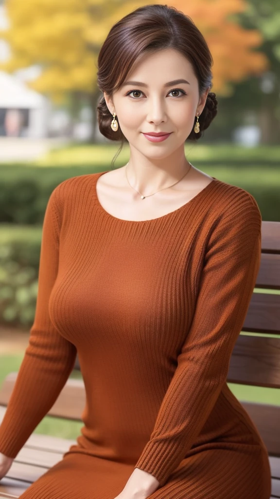 Tabletop,Best Quality, (Dear. :1), ,（Sitting on a bench in a park surrounded by beautiful autumn leaves:1.3)、Staring at me、Full body photo night，(Brown knit sweater dress:1.3)、(Beautiful Mature Woman:1.5)，、Long legs，Hyper detail on skin，（Small Face:1.3)，Panoramic View，（A little thick:1.3)、，(Big Breasts:1.2)，(Beautiful women over 45:1.5),  （Hair tied back in an updo:1.5)、Perfect Face,,  (Detailed facial features),  (A clean and elegant face:1.5)、necklace、Earrings