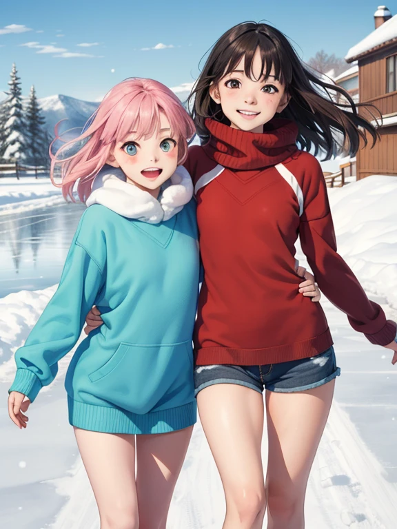 (Superflat, Flat Shading, Flat Color), (close), Mother and daughter, Very short，Flat Chest，Thin thighs，warm, Large sweater，warmマフラー，Long Hair, ice skating, smile, smile, fun, play, winter, snow, bright, Wide angle, Vibrant colors, watercolor, Ghibli style，Urine stains，Strong winds，Girl&#39;s Temptation，Squat，