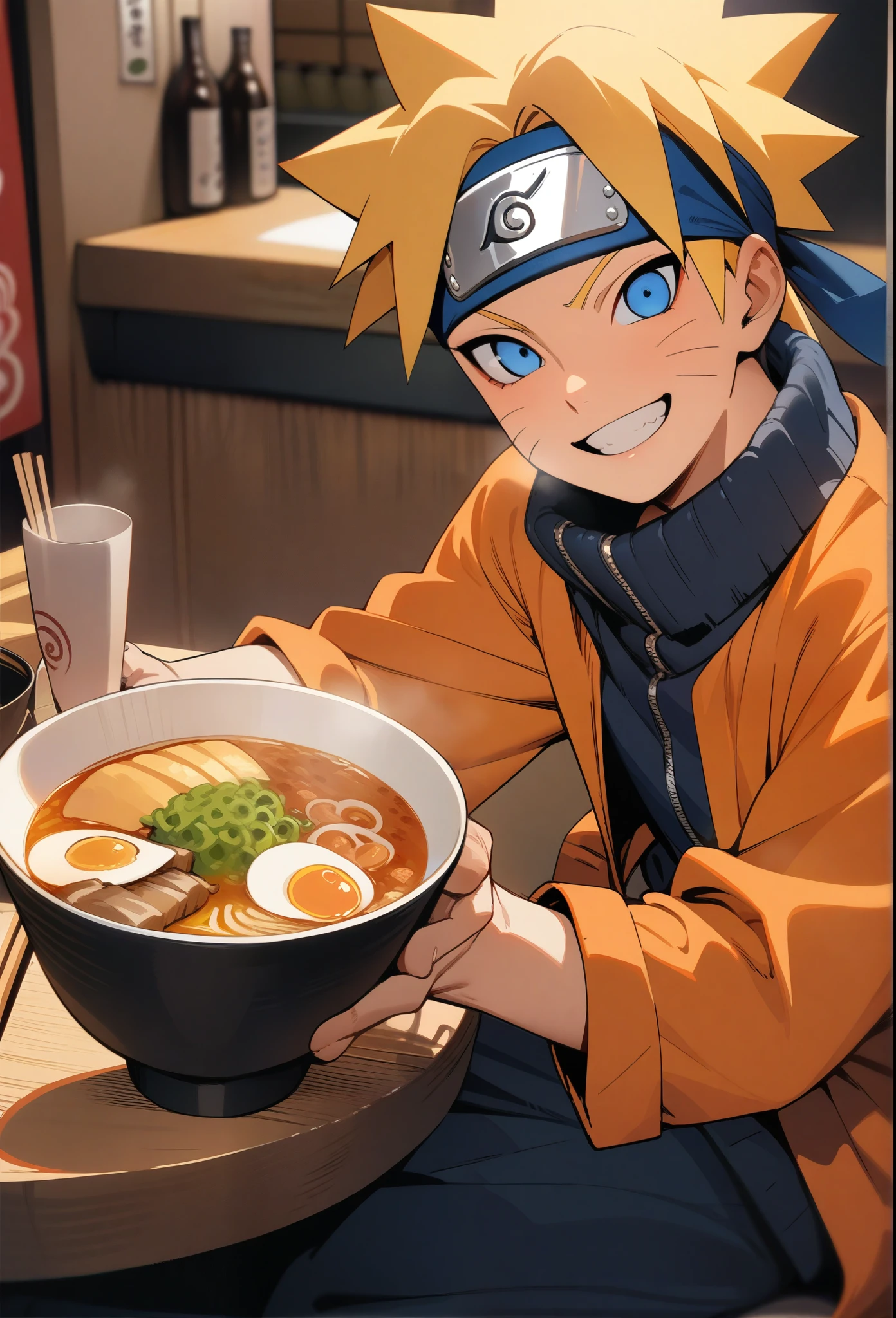 (masterpiece, best quality:1.2), 1boy, Naruto Uzumaki, Naruto, holding a bowl of ramen and chopsticks, blue eyes, big smile, yellow hair, headband, orange coat, looking at viewer, sitting in ramen shop