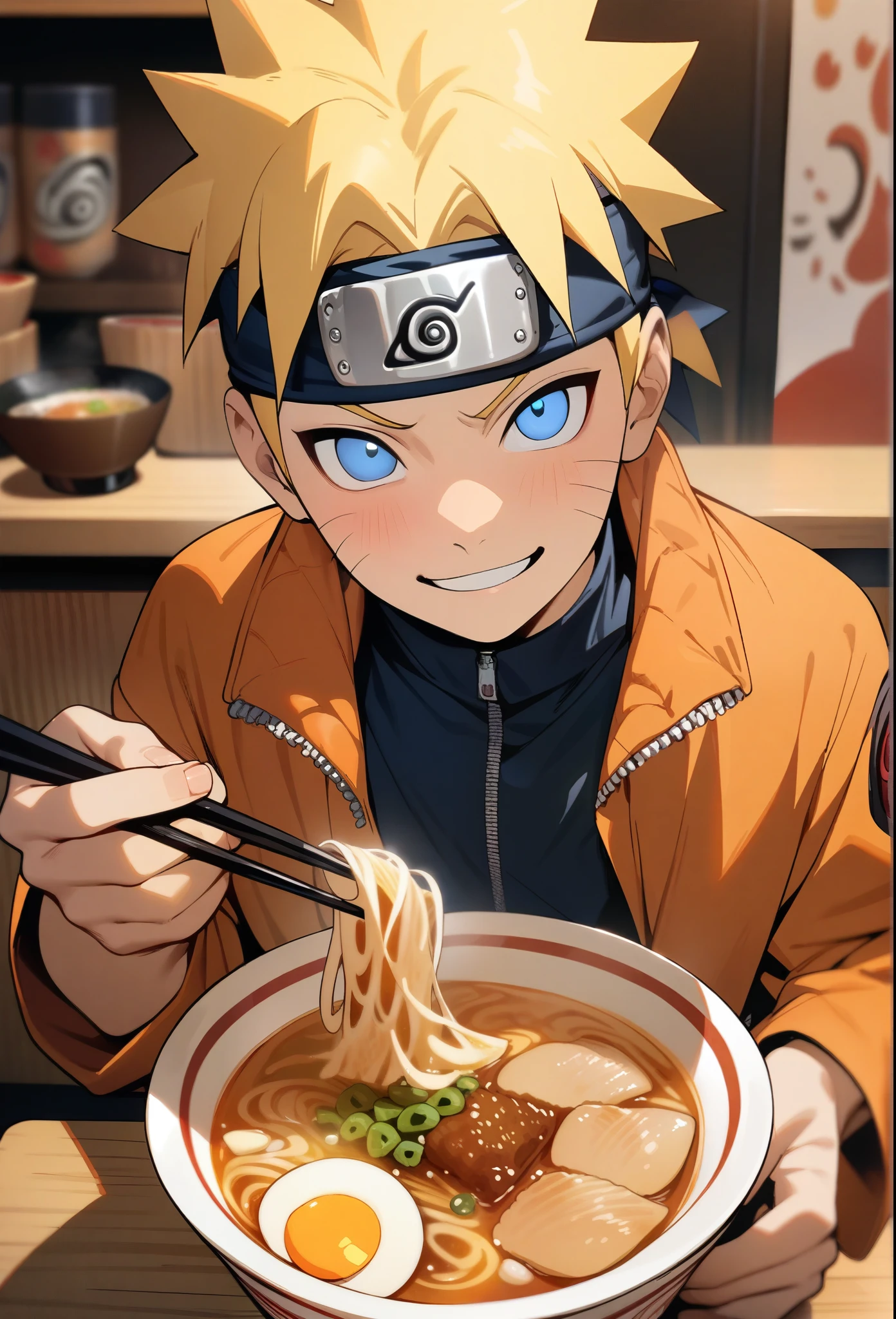 (masterpiece, best quality:1.2), 1boy, Naruto Uzumaki, Naruto, holding a bowl of ramen and chopsticks, blue eyes, big smile, yellow hair, headband, orange coat, looking at viewer, sitting in ramen shop