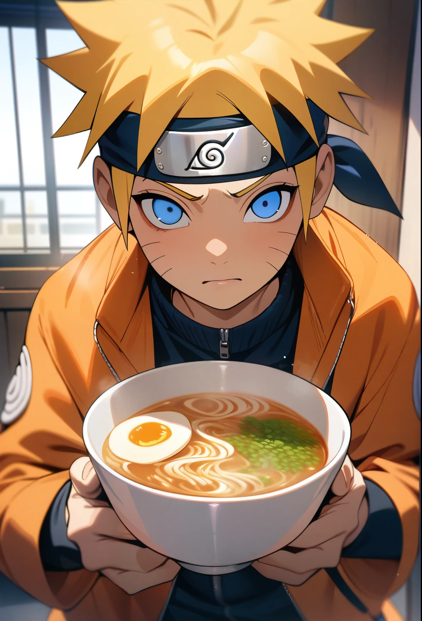 (masterpiece, best quality:1.2), 1boy, Naruto Uzumaki, Naruto, holding a bowl of ramen and chopsticks, blue eyes, big smile, yellow hair, headband, orange coat, looking at viewer, sitting in ramen shop