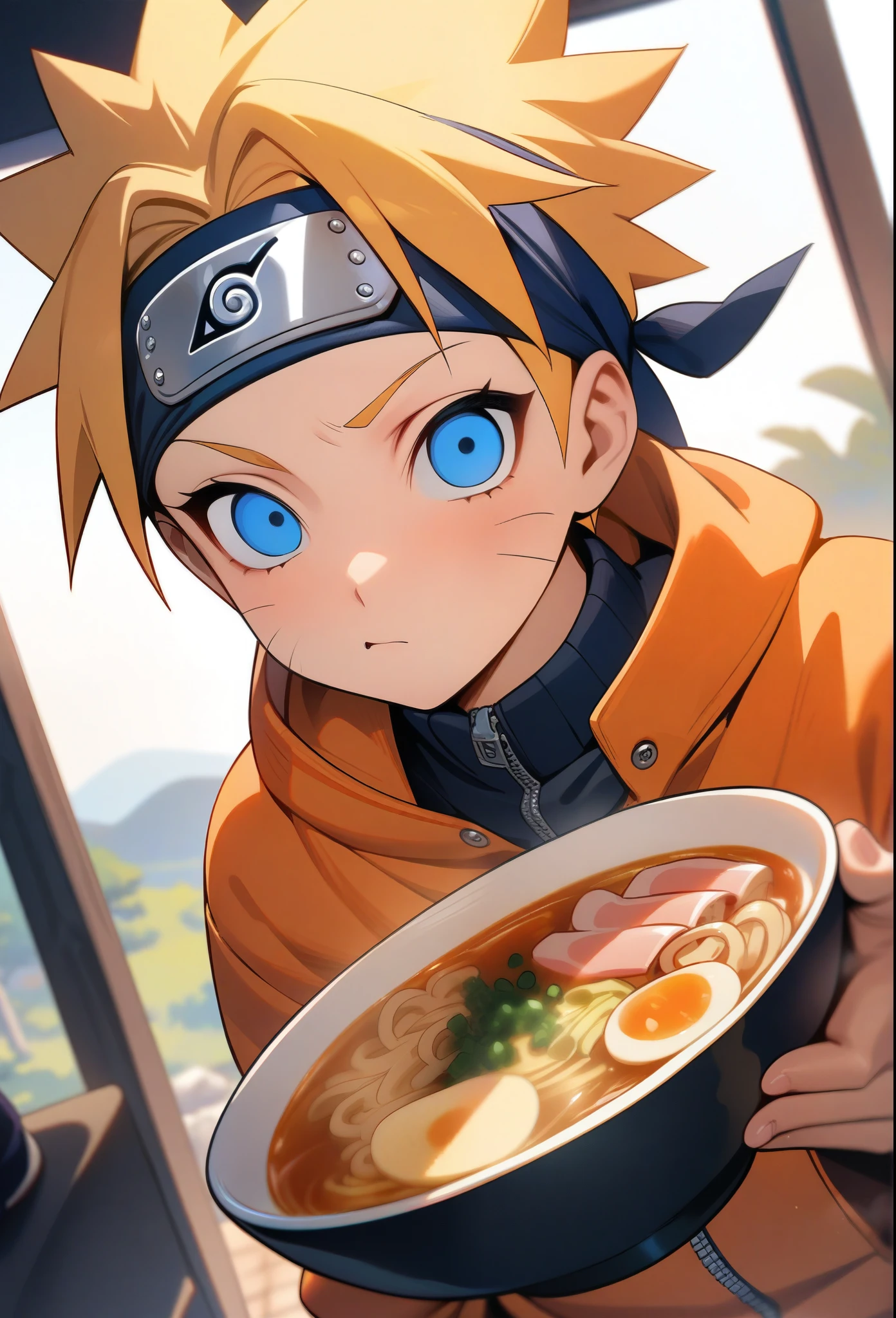 (masterpiece, best quality:1.2), 1boy, Naruto Uzumaki, Naruto, holding a bowl of ramen and chopsticks, blue eyes, big smile, yellow hair, headband, orange coat, looking at viewer, sitting in ramen shop