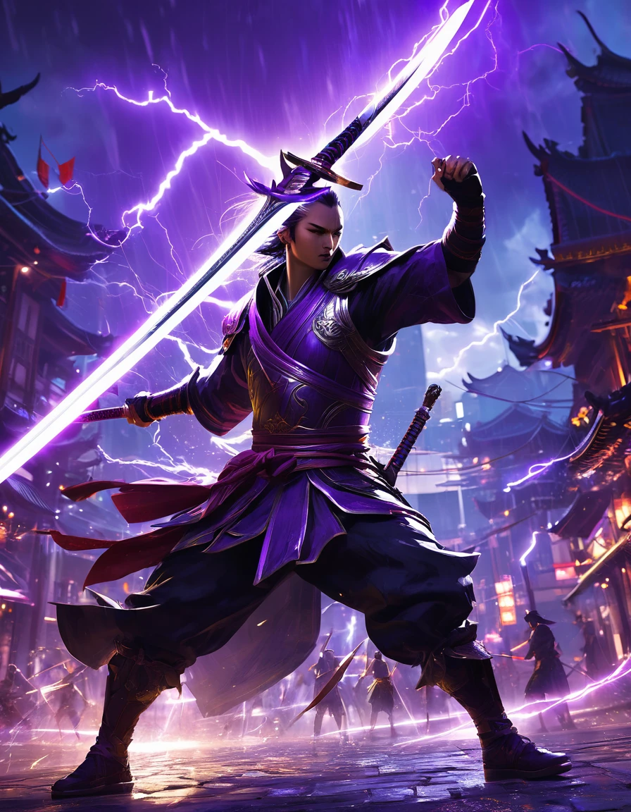 A person wielding a sword during a fight, [City, Concept art by Yang J, Popular topics on Artstation, fantasy art, from Ark Night, glowing purple lightning blade, Raymond Swanland&#39;s style, anime concept hdr anime macmanus, Popular topics on Artstation:3, death knight, Genji, Ark Night, Reaper in Overwatch, Time Reaper King, (Dragon Guard Arm, Gloves), (white, black), (Mecha Digital Shiny Armor Set, A pair of mechanical armors:1.4), motion blur, The ground was destroyed