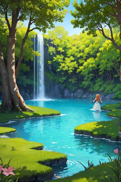 an enchanted forest, colorful, in the background a lake and a girl with her back turned, looking sideways far away