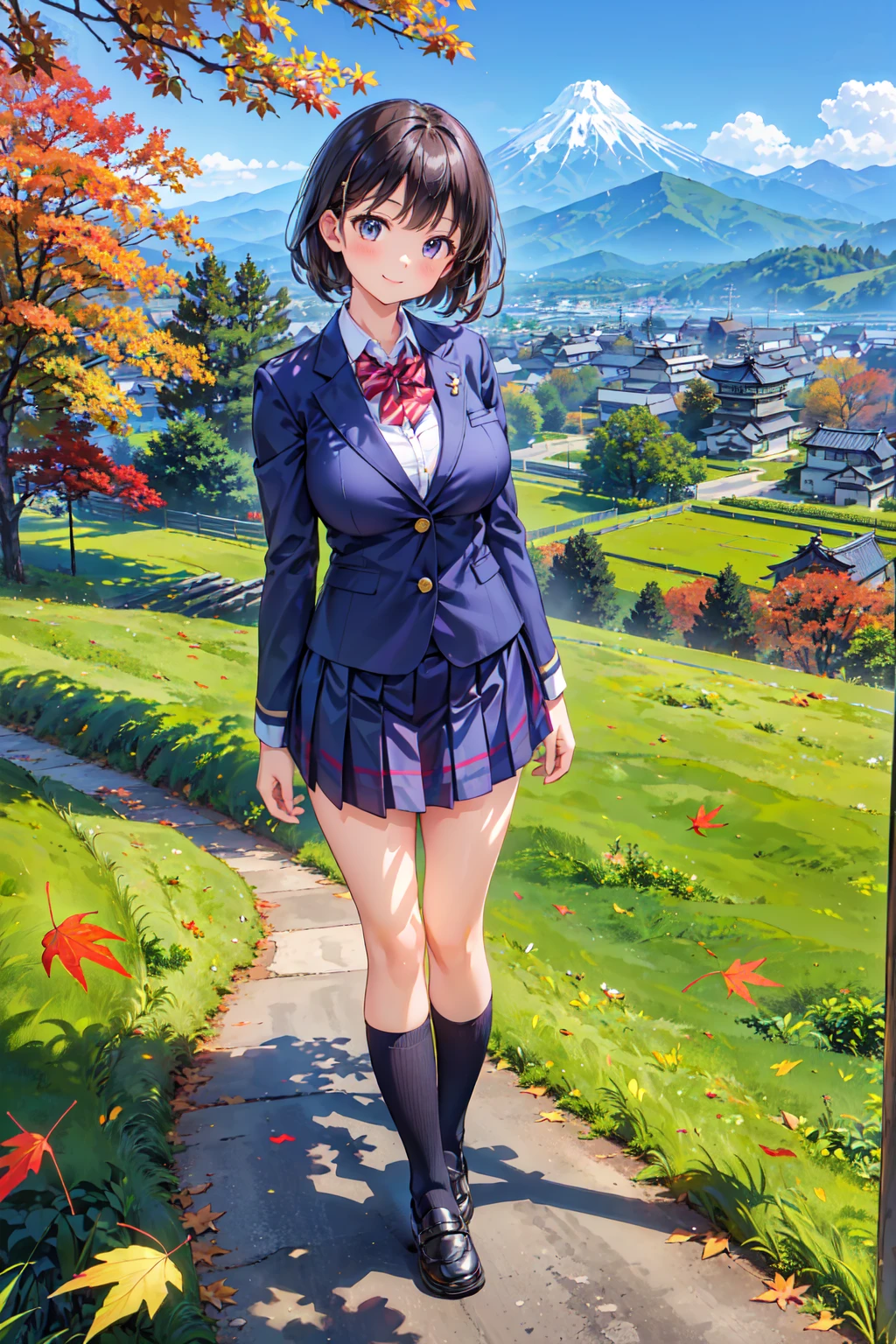 (((Masterpiece, 16k, Highest quality, Ultra-high resolution, Depth of subject))), ((Very detailed, Japanese countryside scenery, autumn leaves)), (((High school girl in blazer uniform, friend, 3 people, skirt, Big Breasts))), While chatting, Very cute smile, On the way home, 3pm, Peaceful scenery, Warm sunshine, Very accurate perspective, Super Wide View