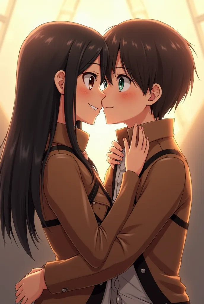 Attack on titan. A brunette girl with long straight black hair. The girl has dark brown eyes and a happy expression. She is dressed in the uniform of the reconnaissance division.. Next to her is Eren Jaeger, a boy with brown hair and big green eyes.. kissing her on the cheek 