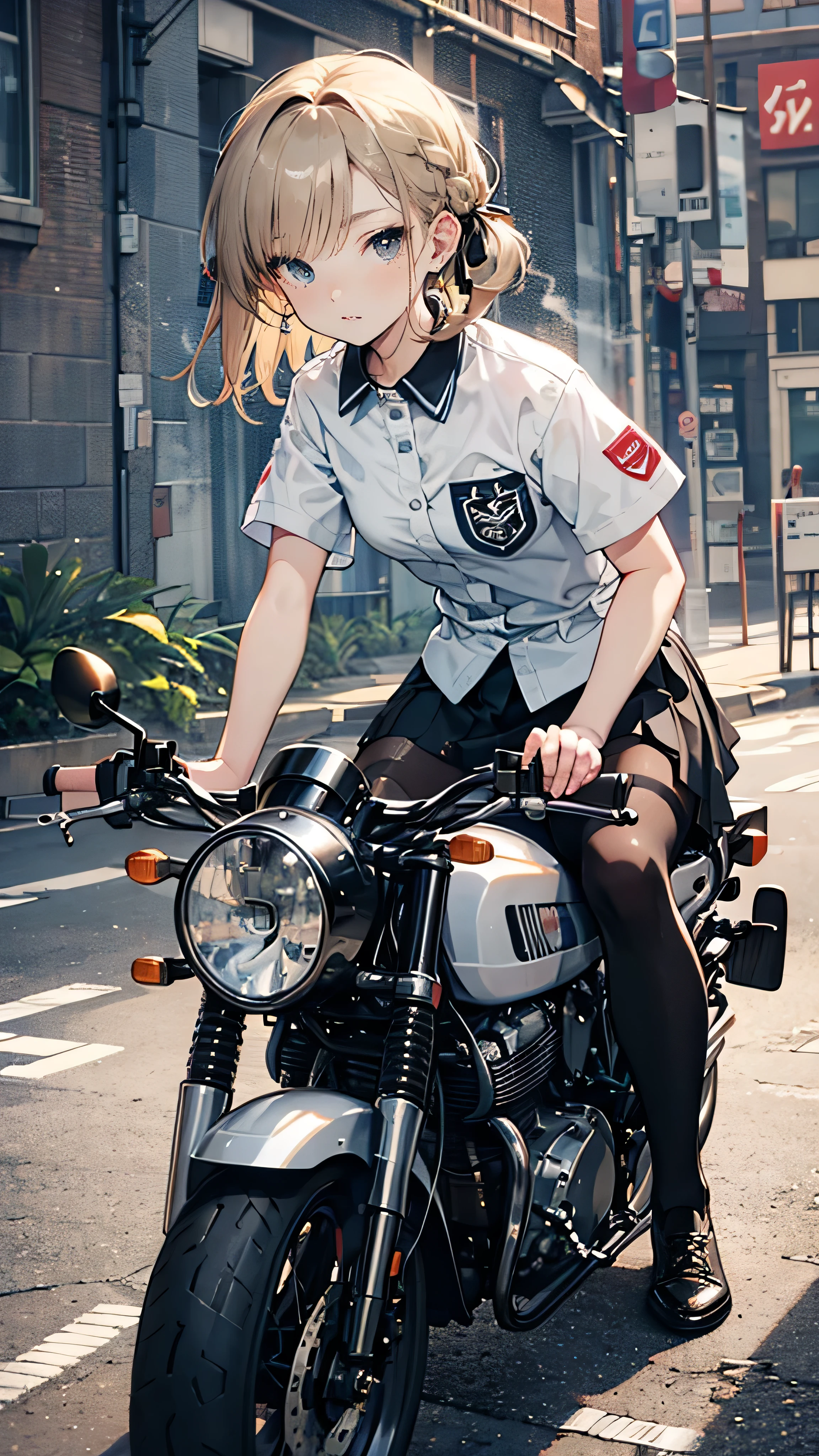 ((A high school girl riding a motorbike,Wearing a uniform,Teenage Girls,Soft looking lips,Glossy skin,Hair is braided,Soft-looking skin:1.25,Hair Ribbon,Hair is braided,)),(Mini Bike,Smoke coming from motorcycle muffler,Start the engine):1.25,(8k, Best Quality, masterpiece: 1.2, masterpiece, Attention to detail,Very detailed), Light color,Line art,Full Body Shot,Perfect Eyes