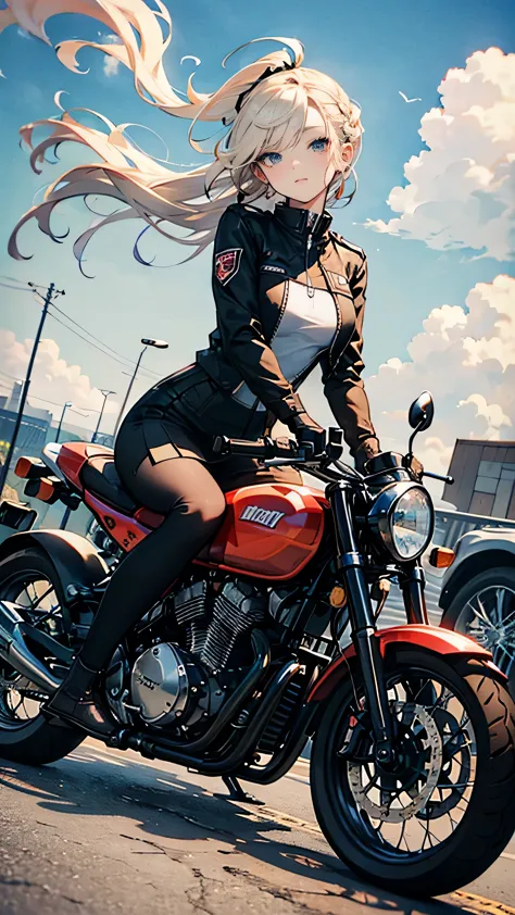 ((a high school girl riding a motorbike,wearing a uniform,teenage girls,soft looking lips,glossy skin,hair is braided,soft-looki...