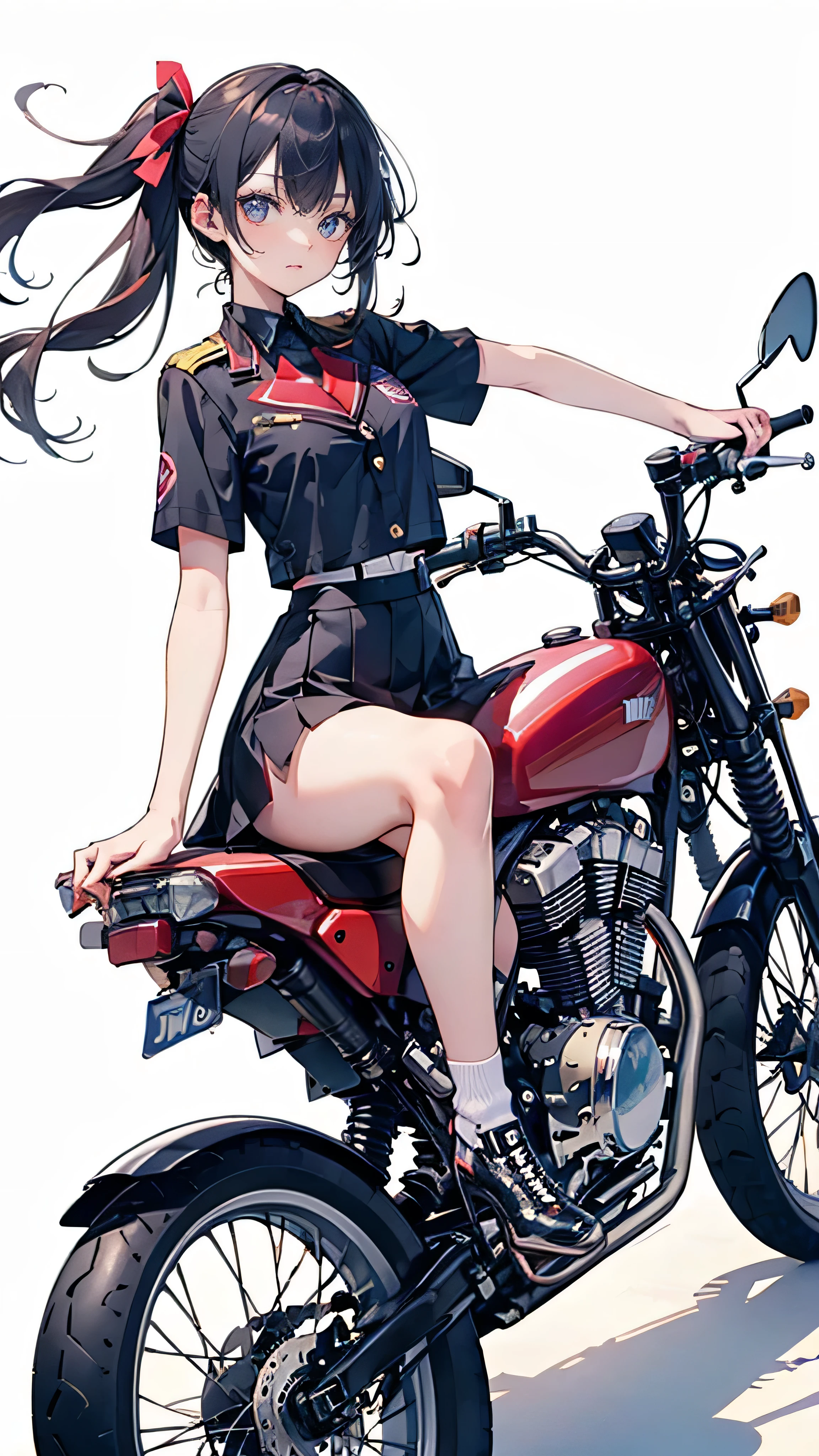 ((A high school girl riding a motorbike,Wearing a uniform,Teenage Girls,Soft looking lips,Glossy skin,Hair is braided,Soft-looking skin:1.25,Hair Ribbon,Hair is braided,)),(Mini Bike,The bike is broken):1.25,(8k, Best Quality, masterpiece: 1.2, masterpiece, Attention to detail,Very detailed), Light color,Line art,Full Body Shot,Perfect Eyes