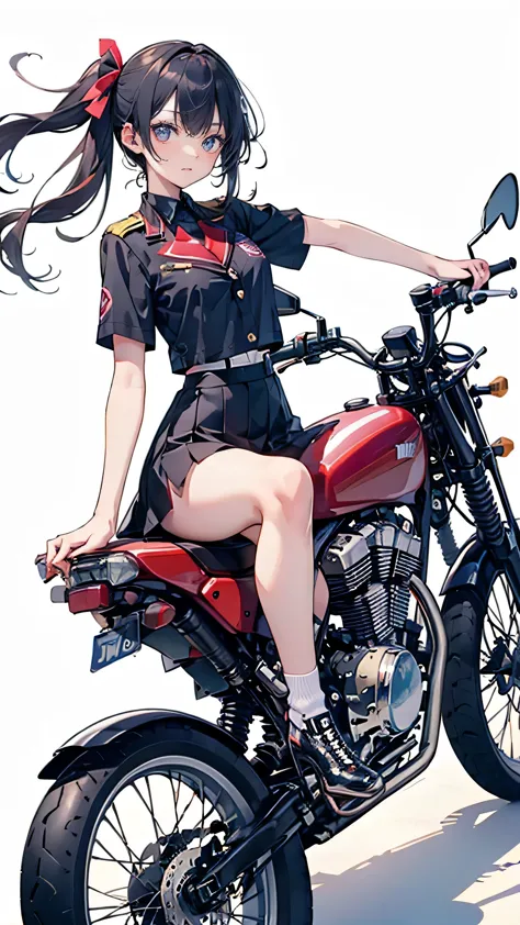 ((a high school girl riding a motorbike,wearing a uniform,teenage girls,soft looking lips,glossy skin,hair is braided,soft-looki...