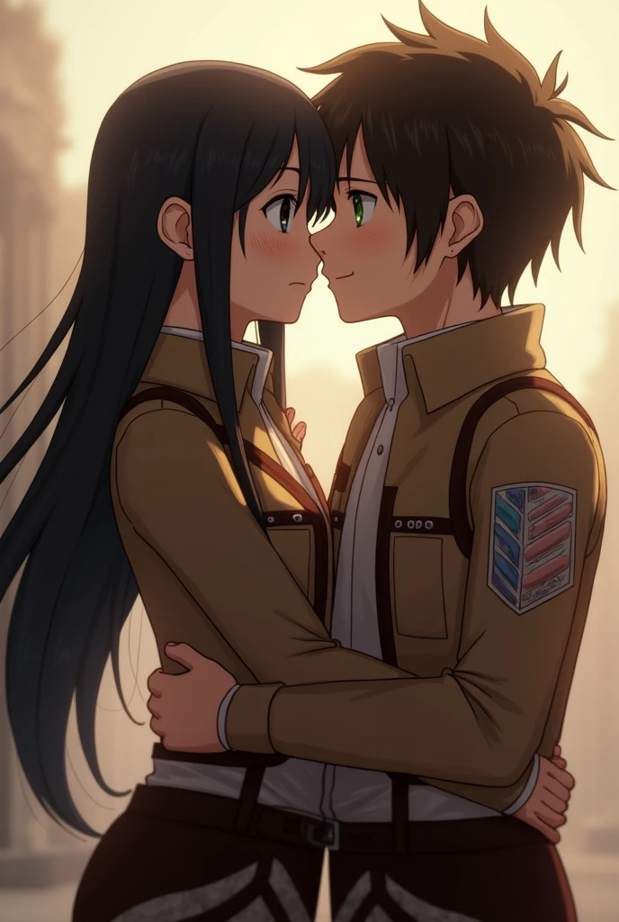 Attack on titan. The adult brunette woman with long straight black hair. The woman has black eyes.  She is dressed in the uniform of the reconnaissance division.. Beside her is Eren Jaeger, a medium-sized man with brown hair and large green eyes.. kissing her on the cheek they both have a happy expression 