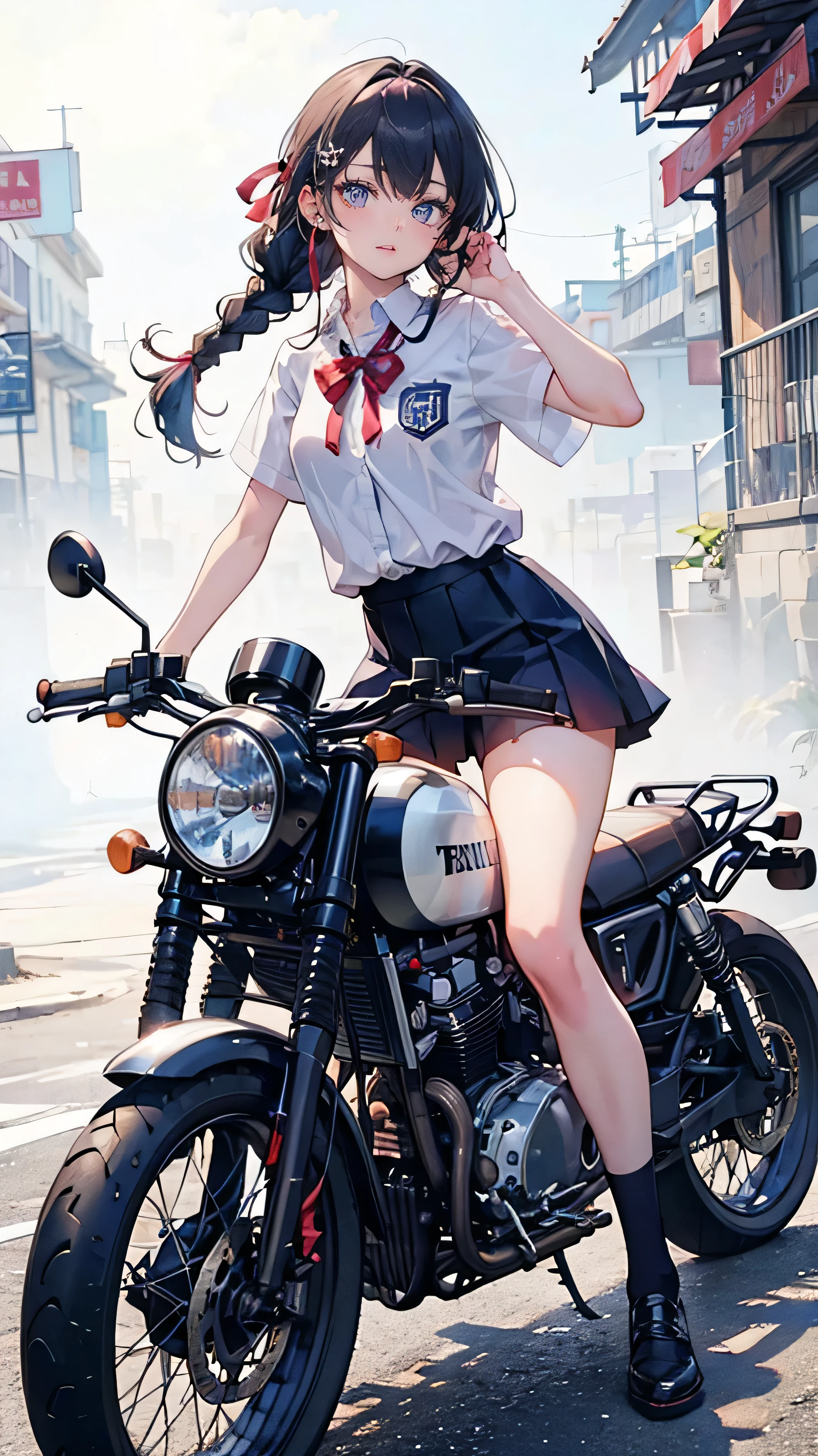 ((A high school girl riding a motorbike,Wearing a uniform,Teenage Girls,Soft looking lips,Glossy skin,Hair is braided,Soft-looking skin:1.25,Hair Ribbon,Hair is braided,)),(Drift):1.25,(8k, Best Quality, masterpiece: 1.2, masterpiece, Attention to detail,Very detailed), Light color,Line art,Full Body Shot,Perfect Eyes