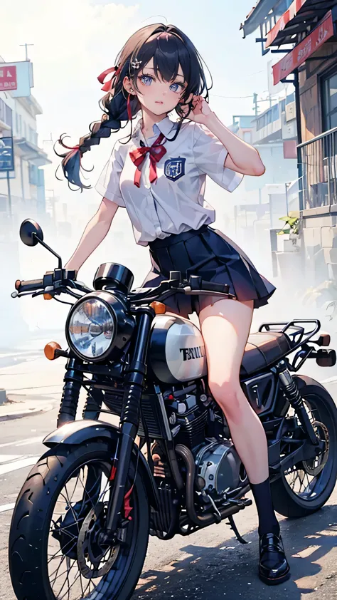 ((a high school girl riding a motorbike,wearing a uniform,teenage girls,soft looking lips,glossy skin,hair is braided,soft-looki...