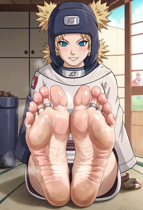 temari from naruto, ytemari, 1girl, blonde hair, quad tails, blue eyes, five toes, feet, soles, oiled soles, wrinkled soles, sti...