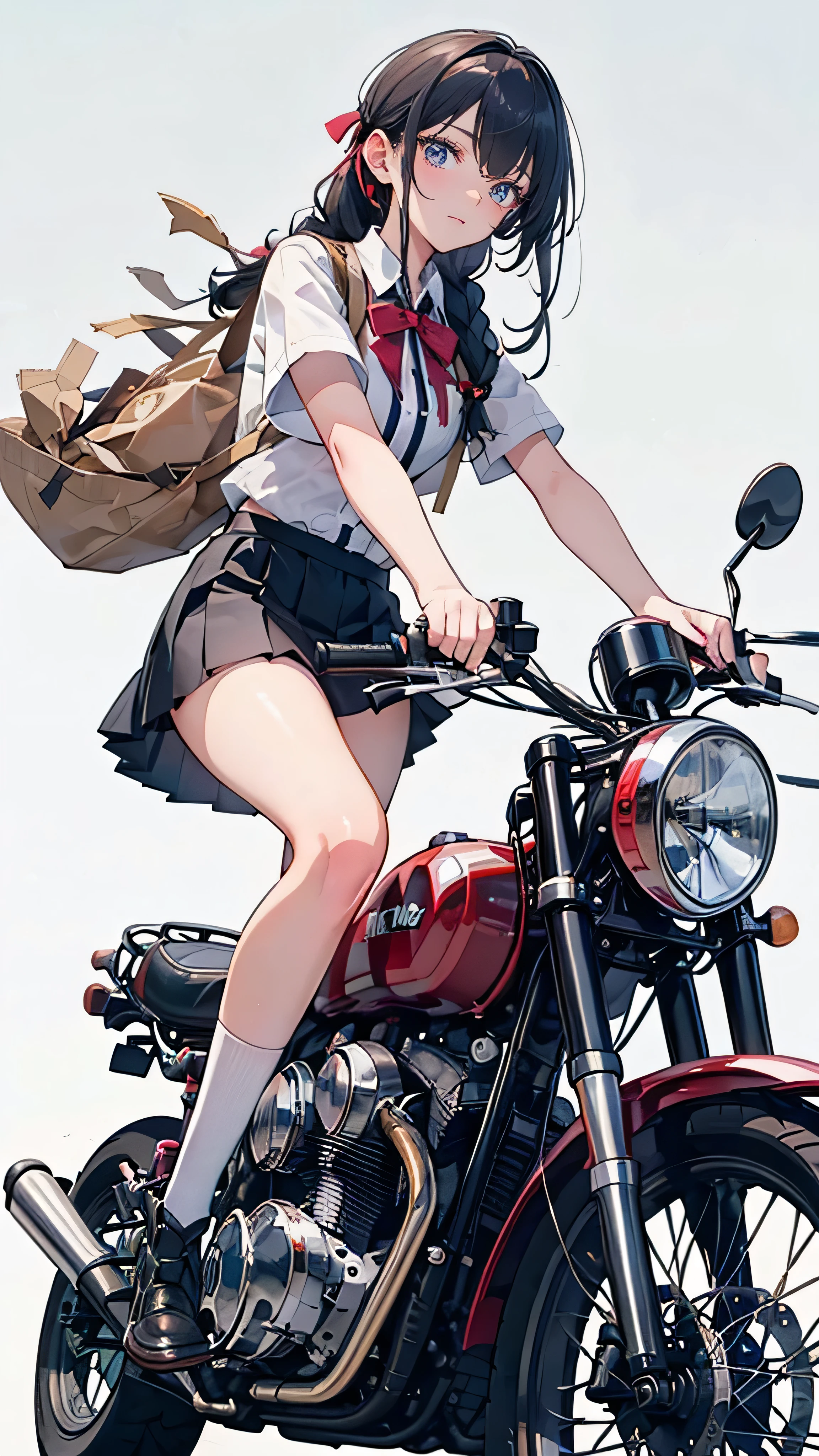 ((A high school girl riding a motorbike,Wearing a uniform,Teenage Girls,Soft looking lips,Glossy skin,Hair is braided,Soft-looking skin:1.25,Hair Ribbon,Hair is braided,)),(Off-road bike):1.25,(8k, Best Quality, masterpiece: 1.2, masterpiece, Attention to detail,Very detailed), Light color,Line art,Full Body Shot,Perfect Eyes