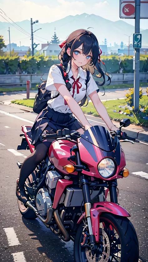 ((a high school girl riding a motorbike,wearing a uniform,teenage girls,soft looking lips,glossy skin,hair is braided,soft-looki...