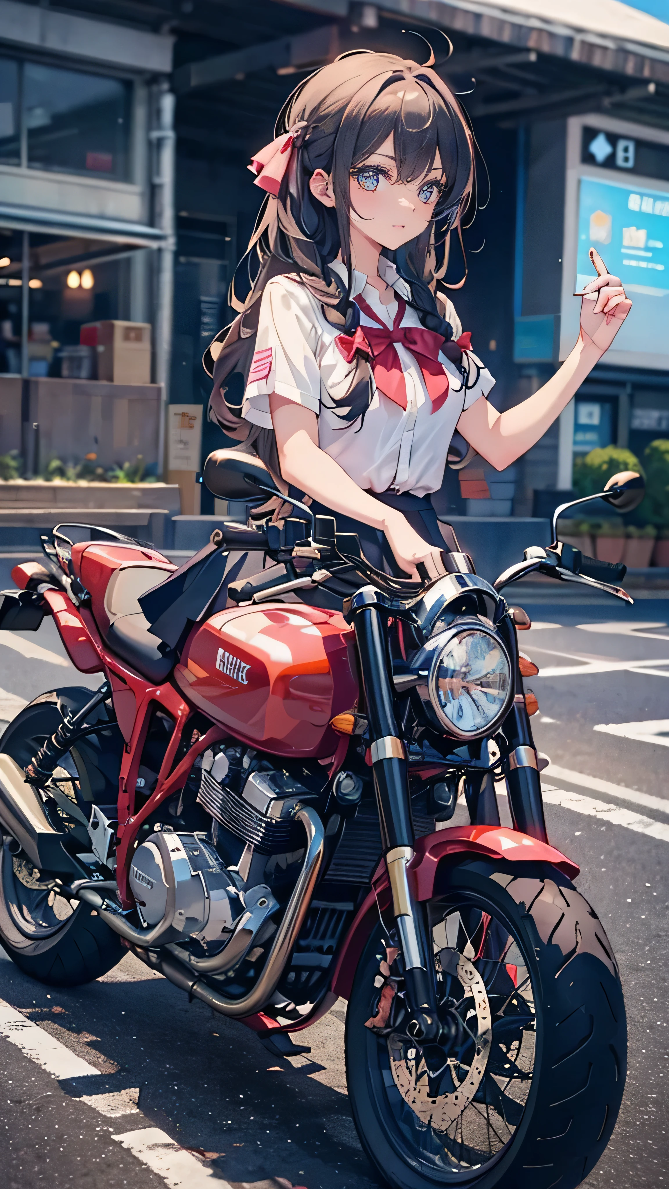 ((A high school girl riding a motorbike,Wearing a uniform,Teenage Girls,Soft looking lips,Glossy skin,Hair is braided,Soft-looking skin:1.25,Hair Ribbon,Hair is braided,While driving:1.25)),(Mini Bike)(8k, Best Quality, masterpiece: 1.2, masterpiece, Attention to detail,Very detailed), Light color,Line art,Full Body Shot,Perfect Eyes