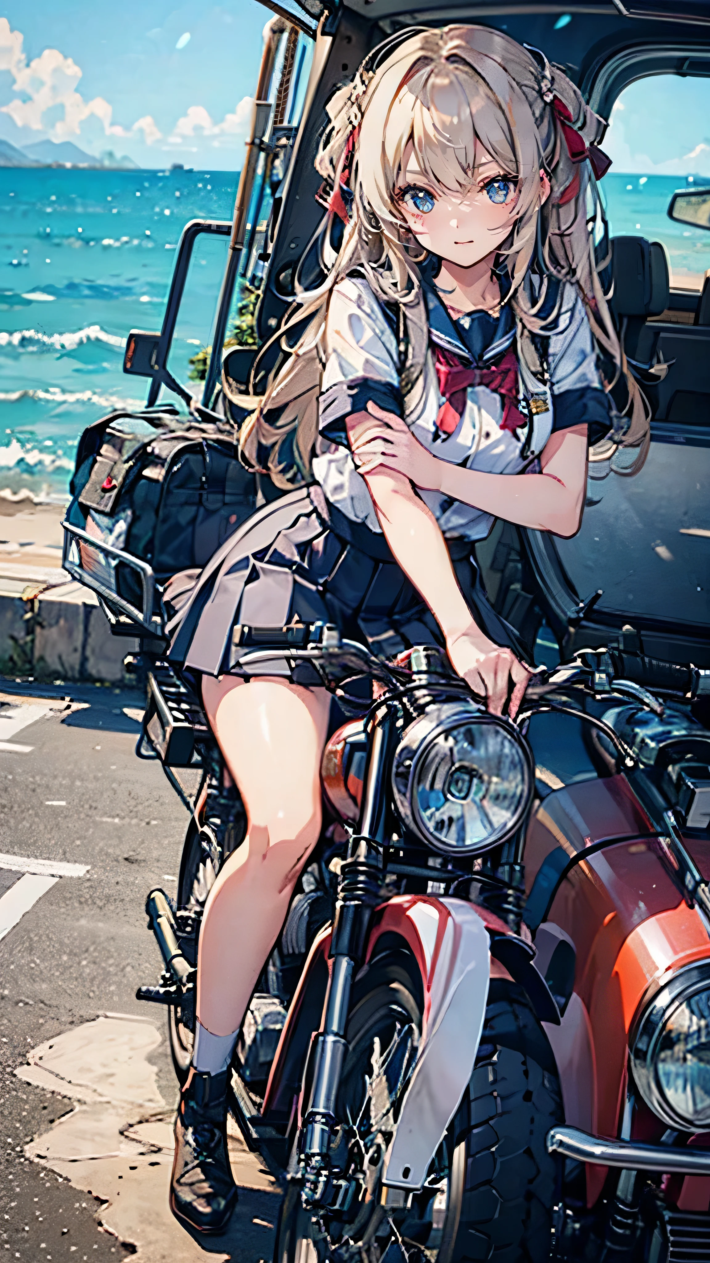 ((A high school girl riding a mini bike with an engine,Wearing a uniform,Teenage Girls,Soft looking lips,Glossy skin,Hair is braided,Soft-looking skin:1.25,Hair Ribbon,Hair is braided,While driving:1.25)),(8k, Best Quality, masterpiece: 1.2, masterpiece, Attention to detail,Very detailed), Light color,Line art,Full Body Shot,Perfect Eyes,(Seaside)