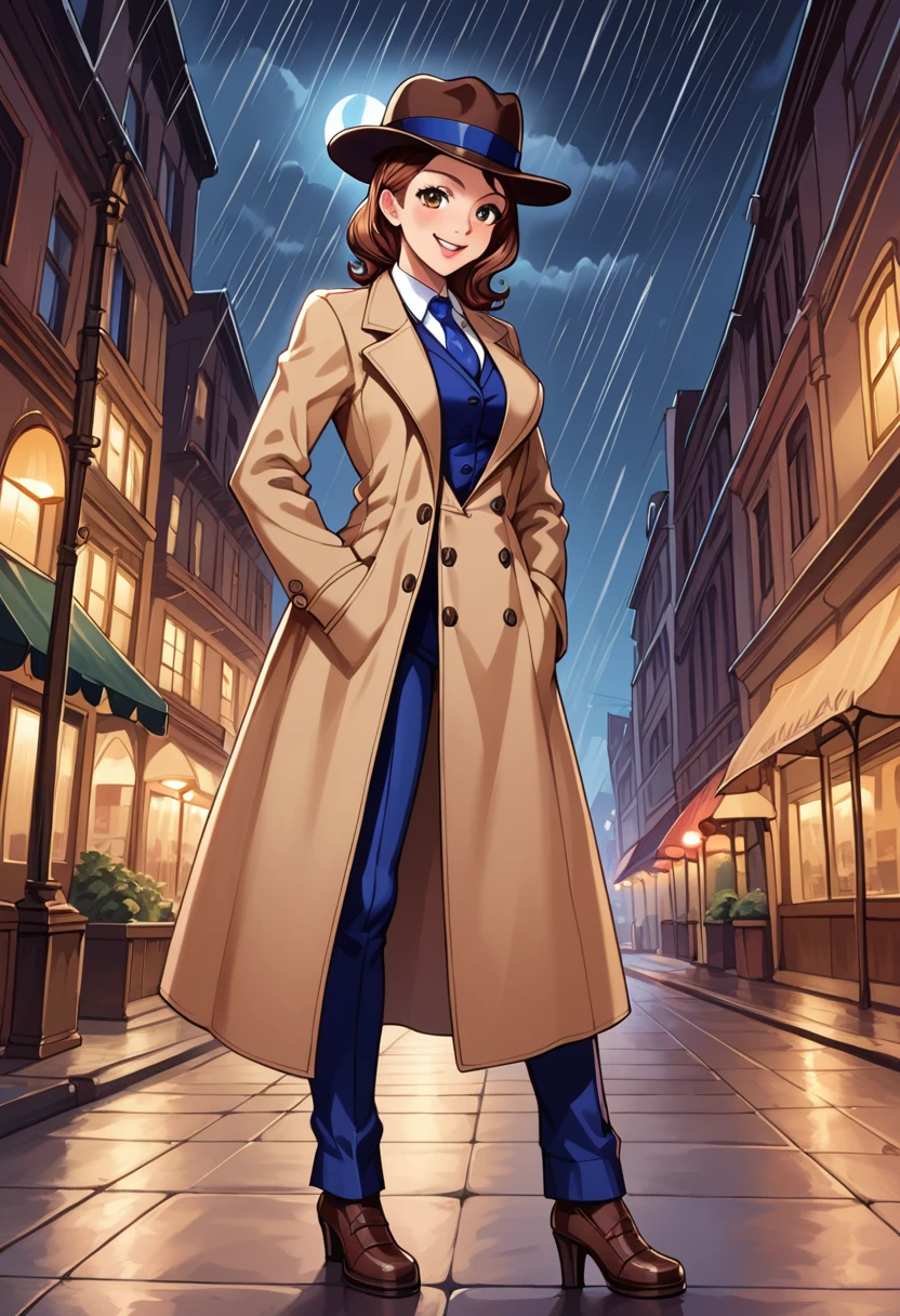 detailed illustration (side view),dynamic angle,ultra-detailed, illustration, pose for the camera, smiling at viewer, clean line art, shading, anime, 2020’s anime style, detailed eyes, detailed face, beautiful face standing on a sidewalk, Detective, trench coat, fedora hat, Johnny dollar inspired, Philip Marlow inspired, 1940’s, woman, in a suit a coat, night, rain, brown hair, hard boiled, female fatale vibes.