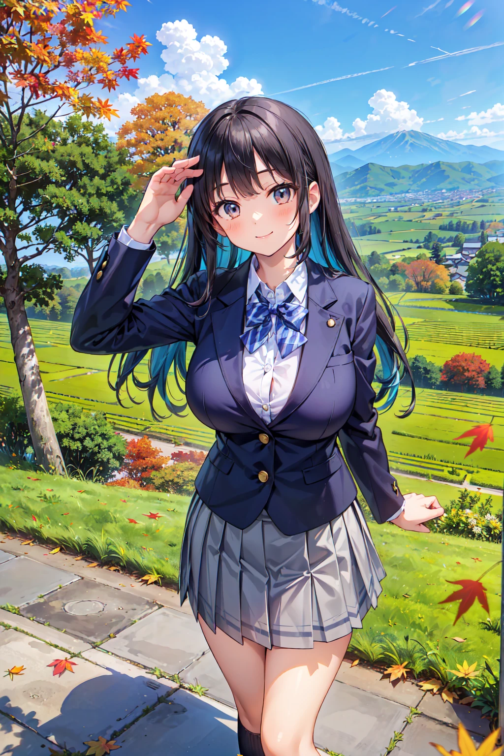 (((Masterpiece, 16k, Highest quality, Ultra-high resolution, Depth of subject))), ((Very detailed, Japanese countryside scenery, autumn leaves)), (((High school girl in blazer uniform, friend, 3 people, skirt, Big Breasts))), While chatting, Very cute smile, On the way home, 3pm, Peaceful scenery, Warm sunshine, Very accurate perspective, Super Wide View