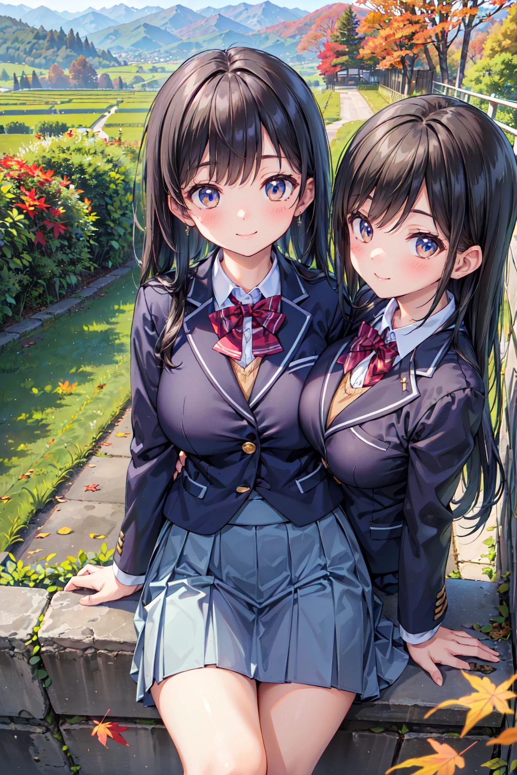 (((Masterpiece, 16k, Highest quality, Ultra-high resolution, Depth of subject))), ((Very detailed, Japanese countryside scenery, autumn leaves)), (((High school girl in blazer uniform, friend, 3 people, skirt, Big Breasts))), While chatting, Very cute smile, On the way home, 3pm, Peaceful scenery, Warm sunshine, Very accurate perspective, Super Wide View