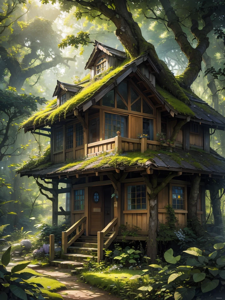 a cozy treehouse in the forest,overgrown with vines and moss,sunlight filtering through the leaves,wooden structure with large windows,children playing inside,detailed foliage,lush greenery,serene and peaceful atmosphere,(best quality,4k,8k,highres,masterpiece:1.2),ultra-detailed,(realistic,photorealistic,photo-realistic:1.37),landscape,natural lighting,vibrant colors