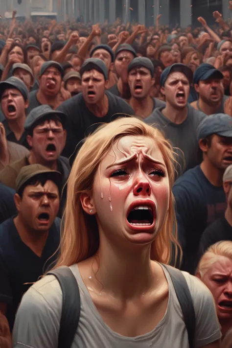 sam spratt style - realistic style, white girl crying in front of a mob of people who are all pointing at her