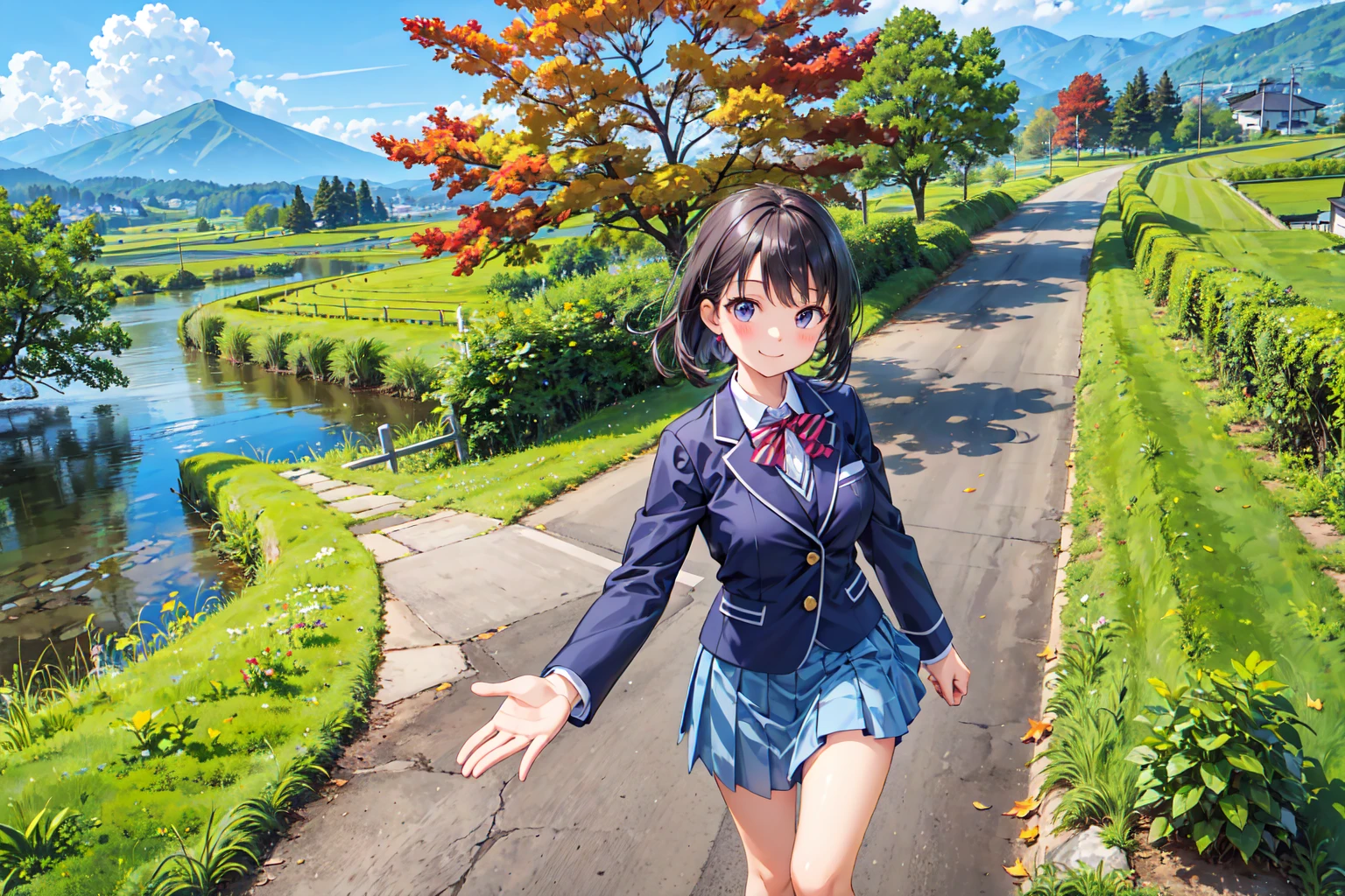 (((Masterpiece, 16k, Highest quality, Ultra-high resolution, Depth of subject))), ((Very detailed, Japanese countryside scenery, autumn leaves)), (((High school girl in blazer uniform, friend, 3 people, skirt, Big Breasts, Very beautiful and detailed girl, Accurate body structure, Accurate body movements, Very detailedボディ))), While chatting, Very cute smile, On the way home, 3pm, Peaceful scenery, Warm sunshine, Very accurate perspective, Super Wide View