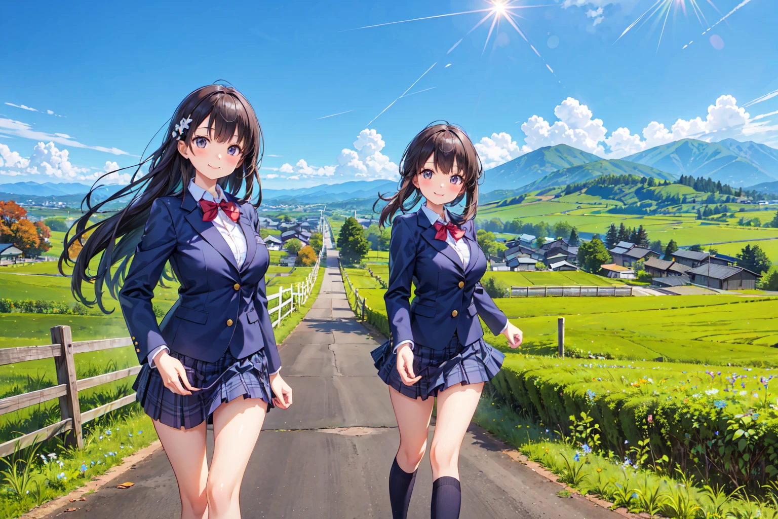 (((Masterpiece, 16k, Highest quality, Ultra-high resolution, Depth of subject))), ((Very detailed, Japanese countryside scenery, autumn leaves)), (((High school girl in blazer uniform, friend, 3 people, skirt, Big Breasts, Very beautiful and detailed girl, Accurate body structure, Accurate body movements, Very detailedボディ))), While chatting, Very cute smile, On the way home, 3pm, Peaceful scenery, Warm sunshine, Very accurate perspective, Super Wide View