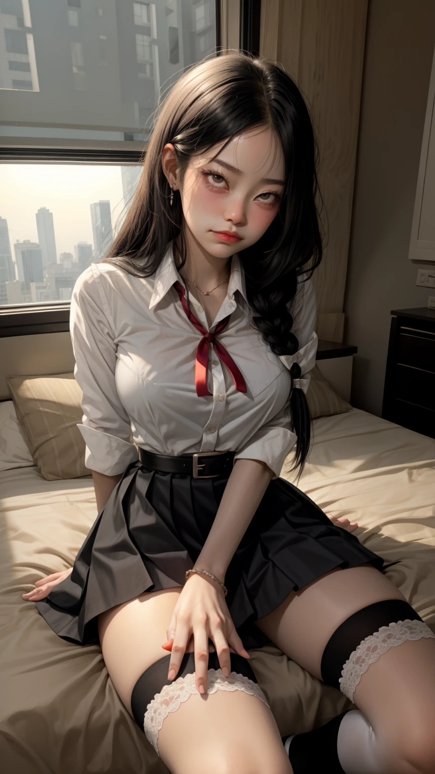 1 girl plays the role of Yukino Yukinoshita, nonsense, height, alone, School uniform, Big Breasts, Waist-length black hair, (Twintail:0.5), Mini skirt, Black thigh-high socks, Long red ribbon, White shirt, unbuttoned, (Ahegao:1.2), (Eye Rolling:1.2), Spread your legs, (reach the climax:1.1), faint,