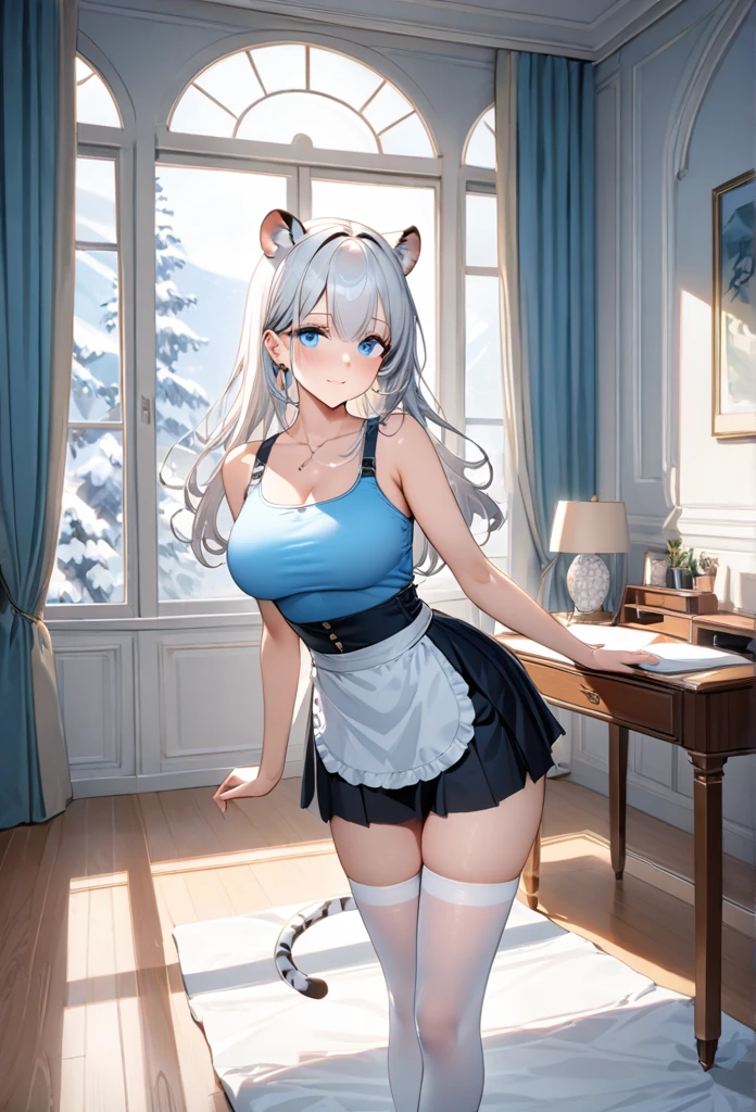 highest quality, ultra high resolution, super detailed, gorgeous, masterpiece, best quality, high resolution finely detailed, extremely beautiful, distinct image, hourglass figure, 1 girl, 2, (front-view), (side-view), soft and beautiful facial features, symmetrical face, (((casual baby blue top))), ((( simple black knee-length skirt))), white waist apron atop her skirt, sheer white thigh-high stockings, piercing predatory blue eyes, innocent doe shaped eyes type, well endowed breasts F-cup breasts, immaculate curves, tall height(190cm), slim thick curvy body, athletic and flexible physiques, flowing snow-white hair, narrow waist, long legs, opulent bedroom background, milky white skin color shimmering in the sunlight coming in from the window, hip-level shot, snow-white feline tiger ears, white striped tiger tail protruding out her back, natural indoor background with a bed and desk, casting gentle shadows, casual and slightly intense atmosphere, low angle, sharp focus on the subject, no motion blur, well-lit overall exposure, front-view, gazing straight into the camera