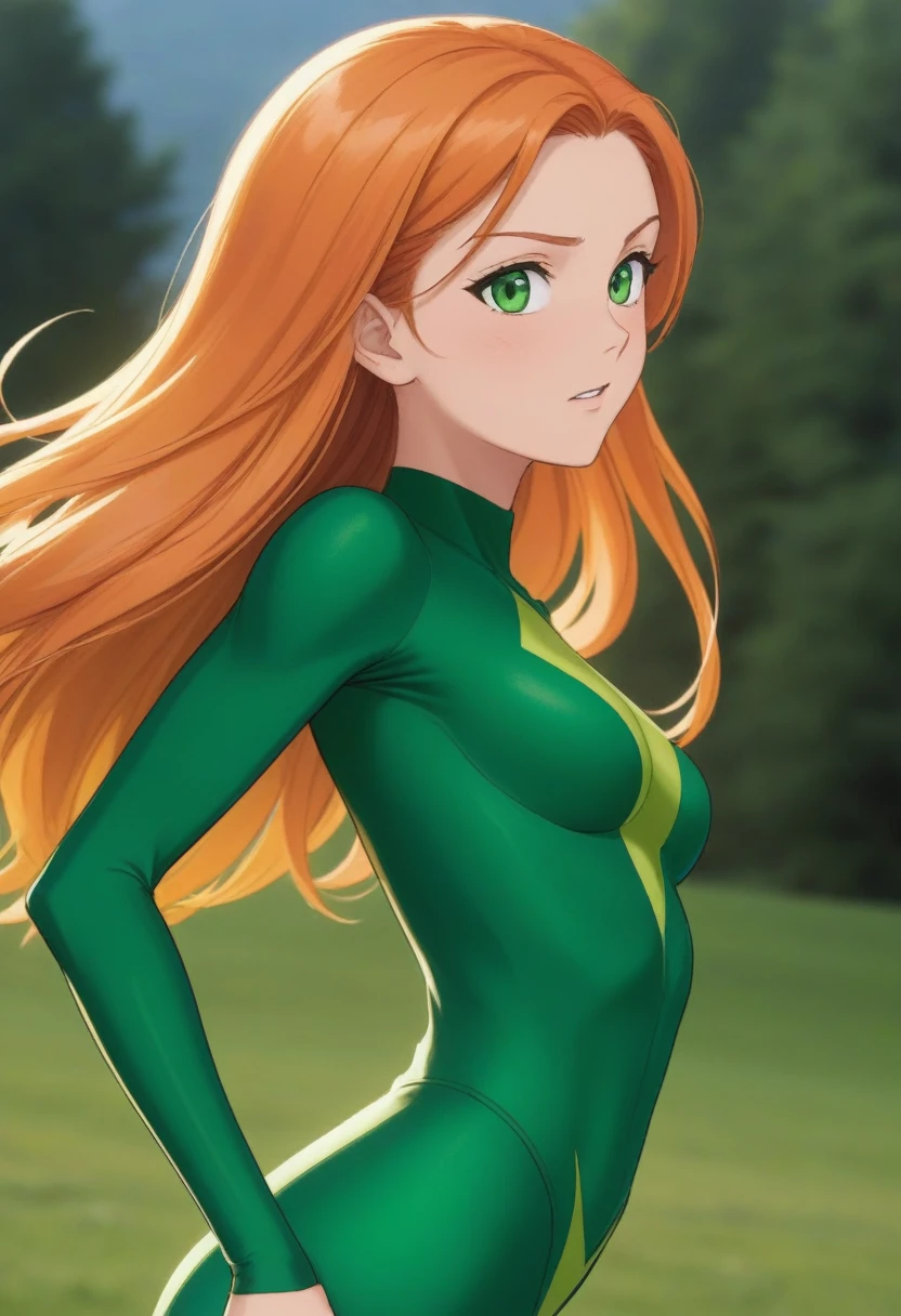 score_9, score_8_up, score_7_up, score_6_up, score_5_up, score_4_up, BREAK source_anime, 1girl, sam \(totally spies\), orange hair, long hair, green eyes, green bodysuit, belt, blush, expressionless, fall, blurry foreground 