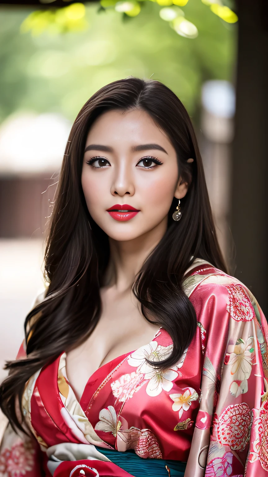 Realistic, Highest quality, 8k, woman, 20-year-old, Sakura pattern kimono, Large Bust, Long Hair, Ultra-detailed skin textures, Soft Lighting, Fairy, Bokeh, Red Lipstick, Sensual Lipstick, Sensational Make up 