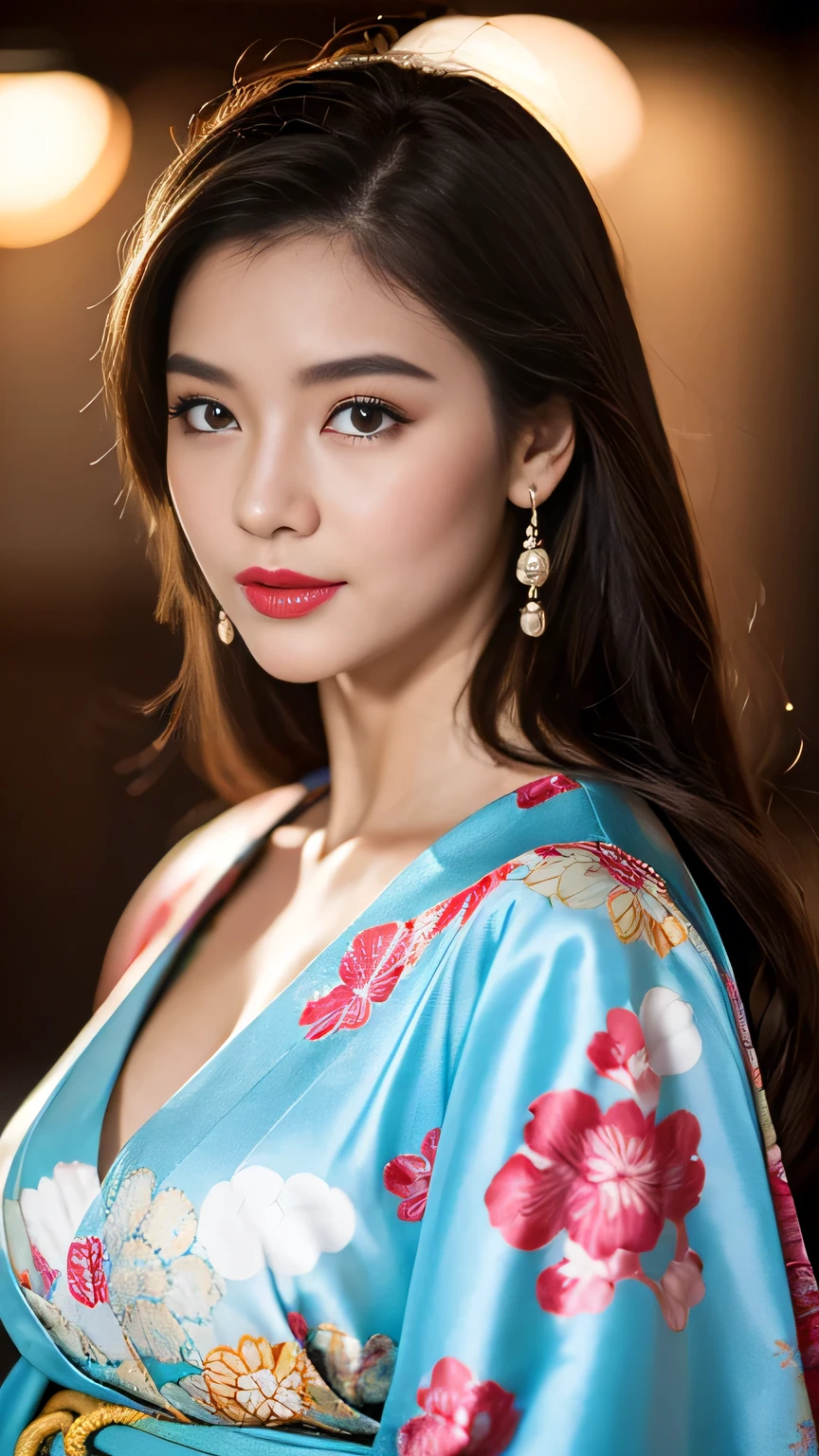 Realistic, Highest quality, 8k, woman, 20-year-old, Sakura pattern kimono, Large Bust, Long Hair, Ultra-detailed skin textures, Soft Lighting, Fairy, Bokeh, Red Lipstick, Sensual Lipstick, Sensational Make up 