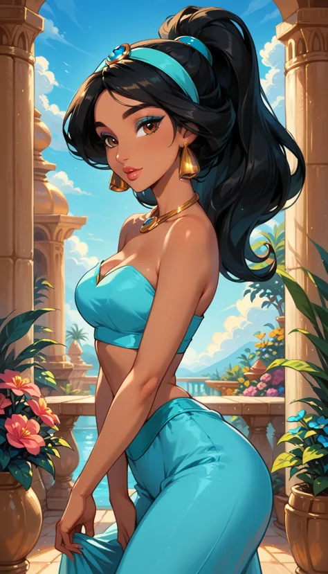 score_9, score_8_up, score_7_up, rating_questionable, epicphoto, 1girl, very sexy (disney's jasmine, ja_n, arabian woman, brown ...