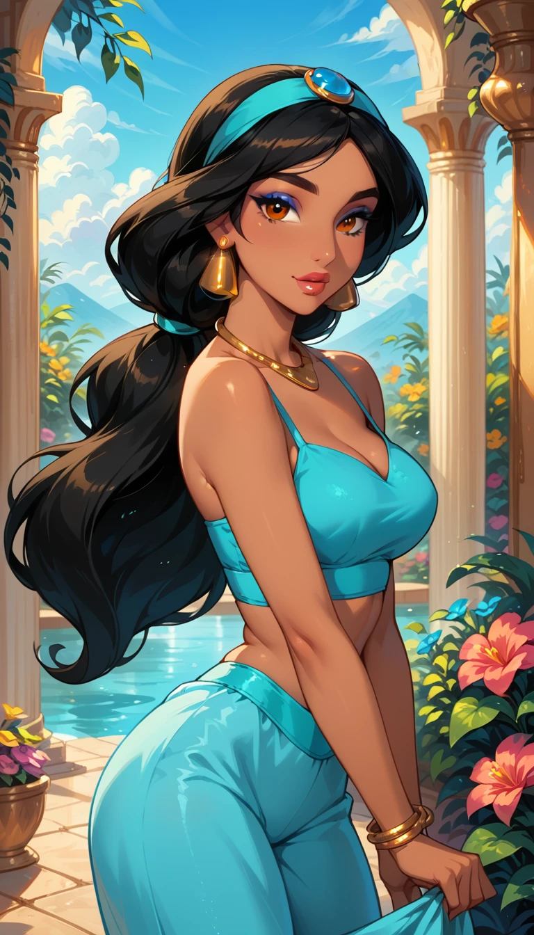 score_9, score_8_up, score_7_up, rating_questionable, epiCPhoto, 1girl, very sexy (Disney's Jasmine, ja_n, arabian woman, brown skin, black hair, brown eyes, ponytail hair, turquoise headband with sapphire, golden earrings, golden necklace, sky blue bedlah top, sky blue matching salwar pants:1.1), beautiful waifu, thicc, solo, cute, flirt, gaze, sexy look, half-closed eyes, head tilt, filled lips, thick lips, makeup, in palace garden, beautiful flowers, perfect, modelling shoot, sexy pose.