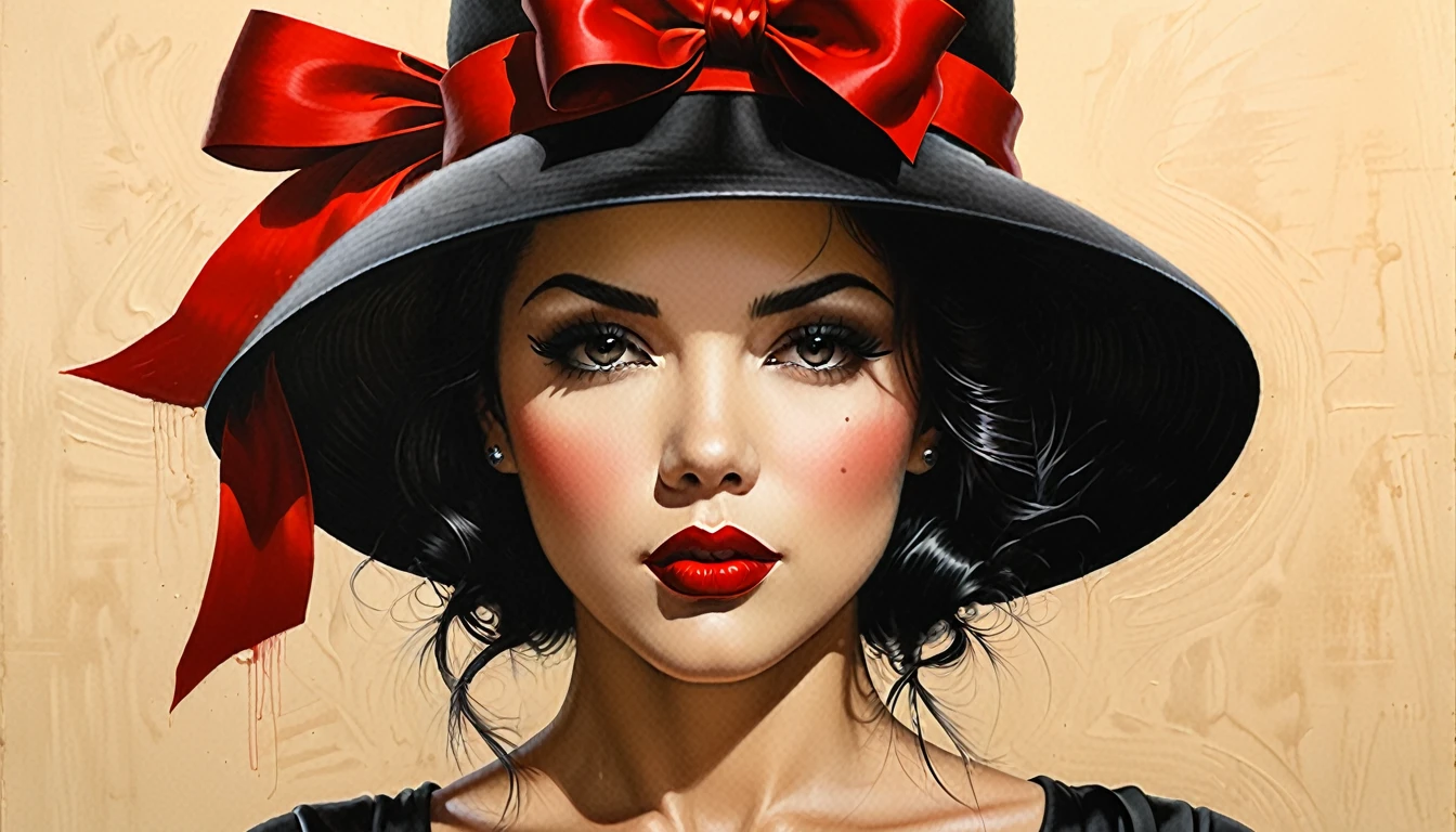 painting of a woman wearing a black hat with a red bow, by Wayne England, otto schmidt, by Yoshihiko Wada, by Tina Blondell, by Dave Kendall, inspired by Vladimir Tretchikoff, by Paul Bird, by Hugh Hughes, detailed face with red lips, inspired by Alberto Vargas, by Pat Adams, by Ric Nagualero