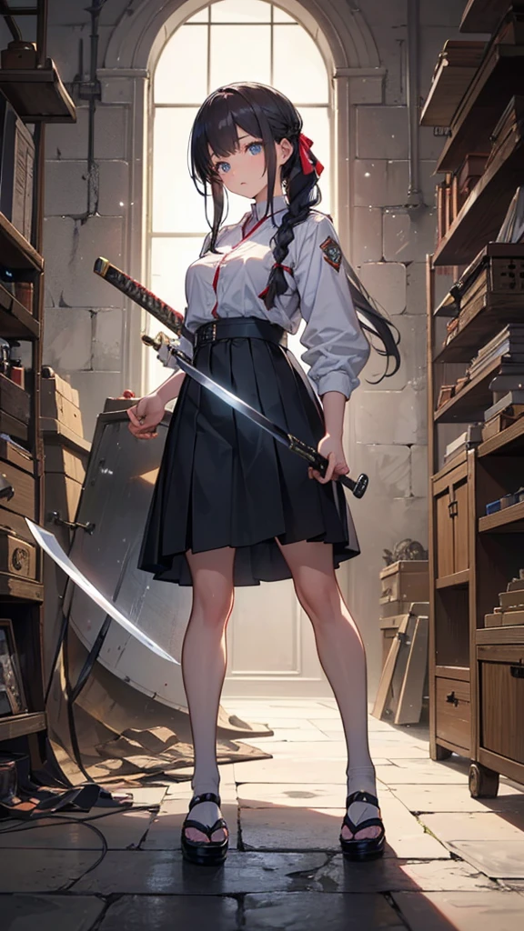 ((Swordsmith High School Girl,Master Craftsman,Wearing a uniform,Teenage Girls,Soft looking lips,Glossy skin,Hair is braided,Soft-looking skin:1.25,Hair Ribbon,Hair is braided)),(Japanese sword):1.25,(8k, Best Quality, masterpiece: 1.2, masterpiece, Attention to detail,Very detailed), Light color,Line art,Full Body Shot,Perfect Eyes,(Repeatedly forging the sword,A dusty and dark forge,A large fired blacksmith&#39;s hearth,A hammer for striking a sword,A large, long kettle filled with water to cool the swords on the floor,Anvil for striking a sword,A large number of prototype swords are hanging on the wall.,The floor is concrete,Sparks fly around the hammer.,A hammer that emits an aura,There are lots of note papers stuck on the wall.,Yugang,There is a large amount of coal):1.25