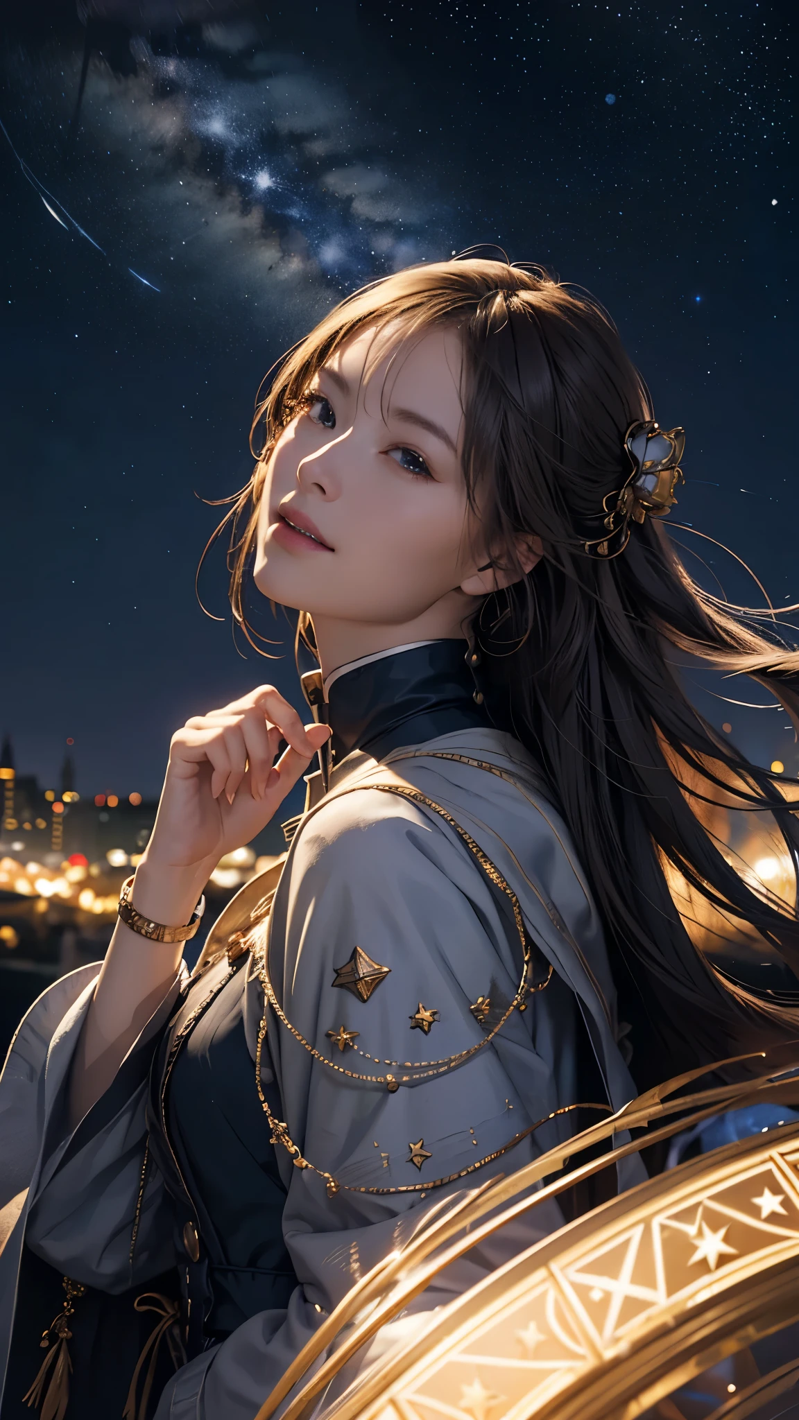 8k,wallpaper of extremely detailed CG unit, ​masterpiece,hight resolution,top-quality,top-quality real texture skin,hyper realisitic,increase the resolution,RAW photos,best qualtiy,highly detailed,the wallpaper,cinematic lighting,ray trace,golden ratio, BREAK ,many stars twinkling in a beautiful bright winter night sky, long exposure starry sky with many circular orbits, silhouette of a young woman with long hair with her hands in her coat pockets looking up at it, photo taken from long distance, photo from below, beautiful kaleidoscope multiple exposures overlapping